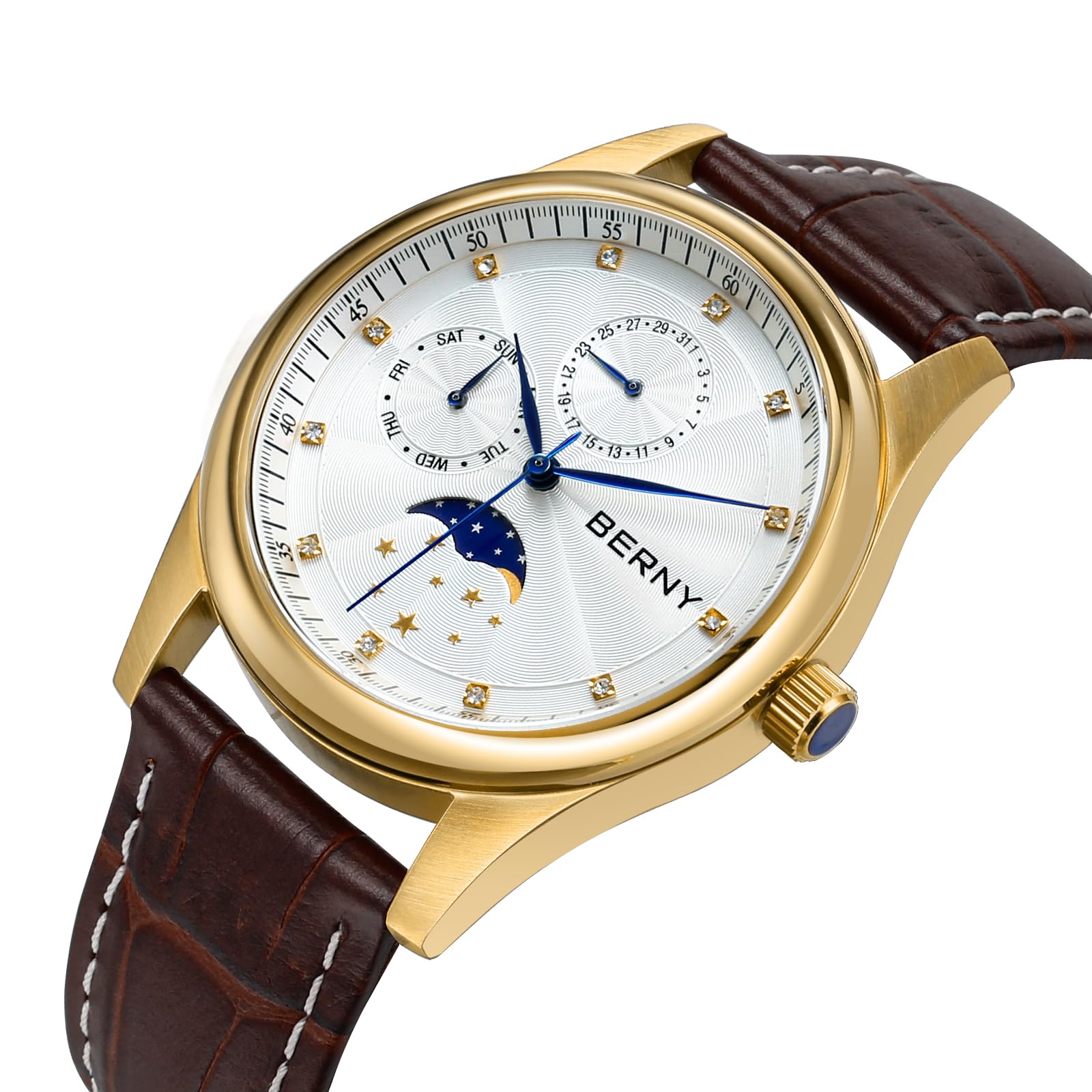 BERNY Womens Multi-Function Watch with Calendar and Moon Phase Watch - Stainless Steel Case and Leather Band (Gold)