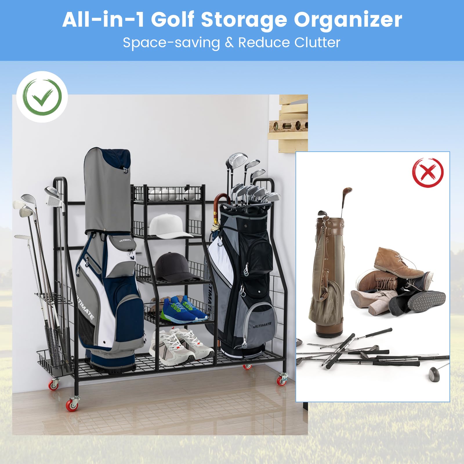 GYMAX Organiseur de Rangement pour Clubs de Golf avec 4 Roues Universelles, Rangement Clubs Golf en Métal pour Sac et Accessoires de Golf avec Étagères, 120,5x37,5x105 cm