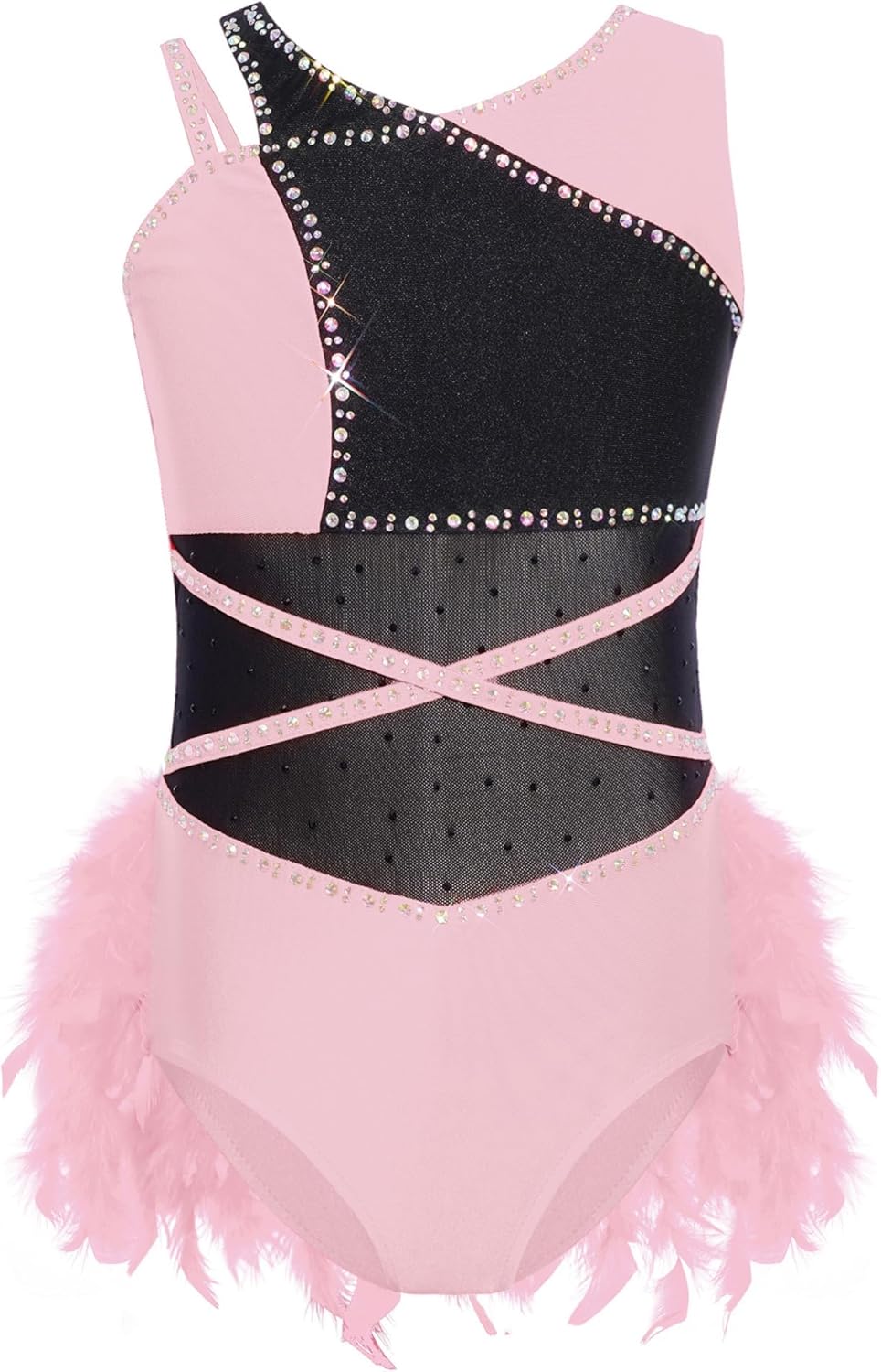 Kids Girls Ballet Skirted Leotard Sleeveless Rhinestone One Piece Feather Bodysuit for Latin Jazz Dance