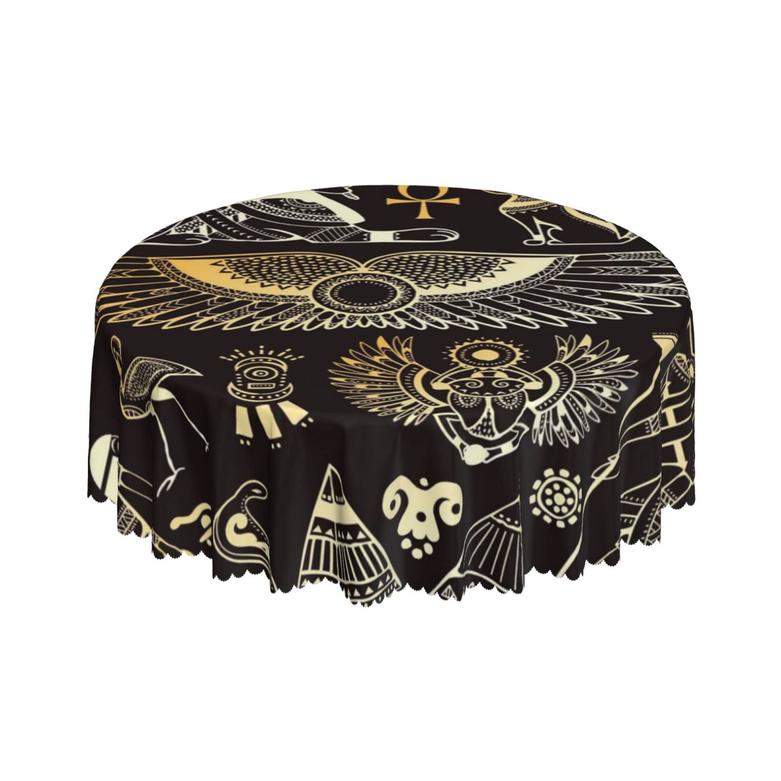 Lsjuee Egypt Symbols Black Round Tablecloth 60 Inch Printed Washable Tablecloth for Dining Party Holiday Fall Home Decorative