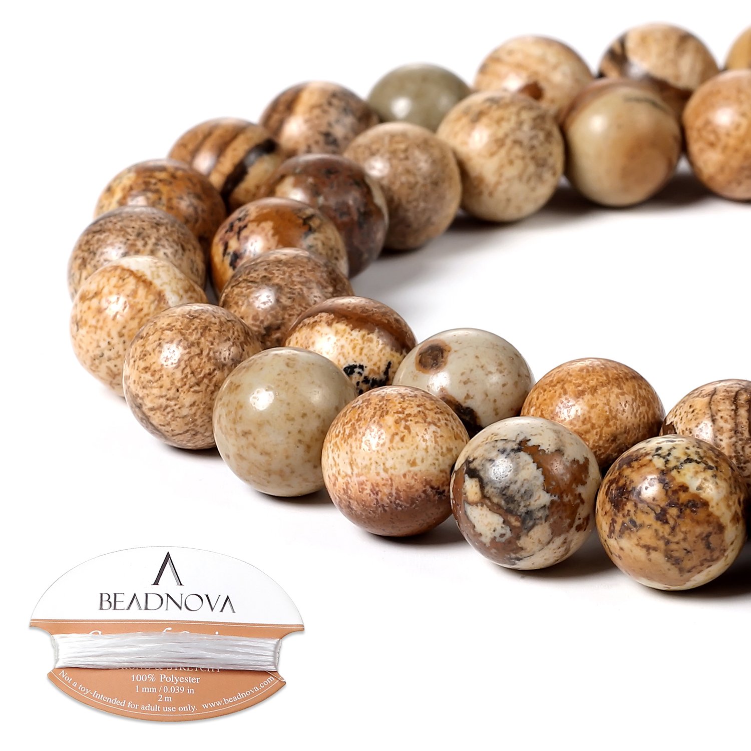 BEADNOVA 10mm Brown Picture Jasper Gemstone Round Loose Beads for Jewelry Making (36-38pcs)