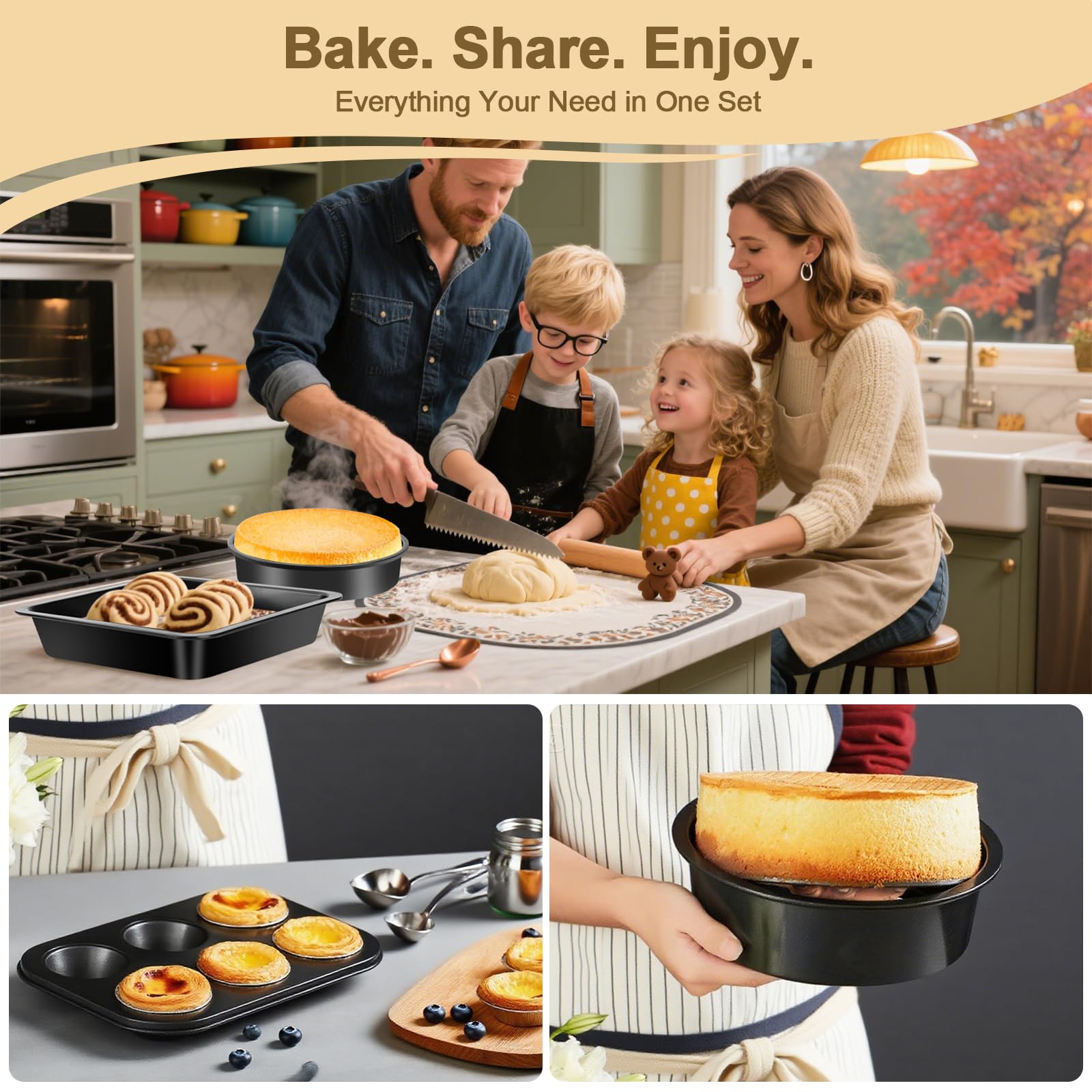 5-teiliges Antihaft-Backformen-Set – schwerer Karbonstahl, schwarz – inklusive Kuchen, Toast, Pizza, quadratisch und Muffinformen – ofen- und spülmaschinenfest