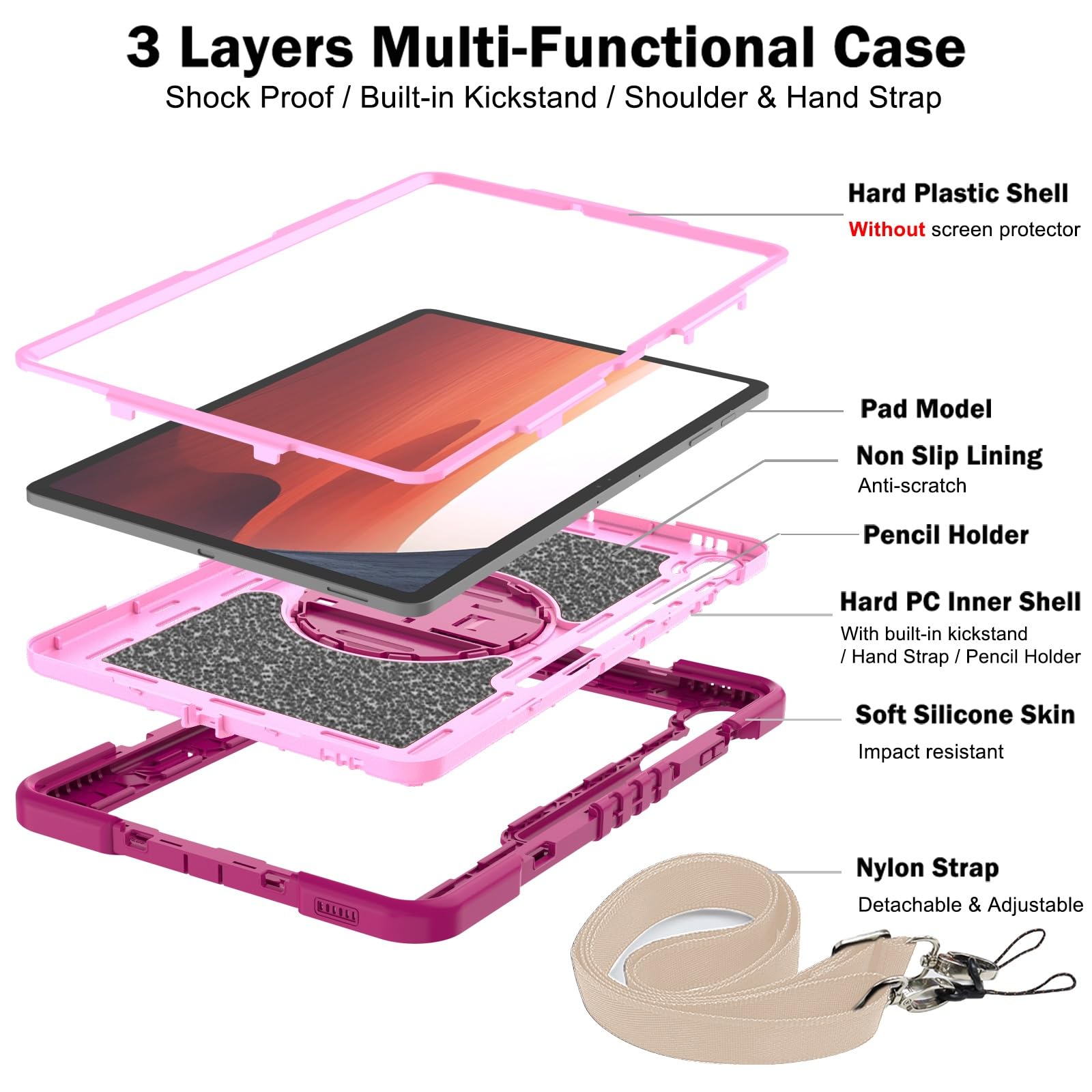 Custodia protettiva antiurto per Samsumg Galaxy Tab S10 FE+/S10 FE Plus 13" 2025, custodia protettiva antiurto con cinturino da mano/tracolla, custodia in silicone stabile con cavalletto (rosso