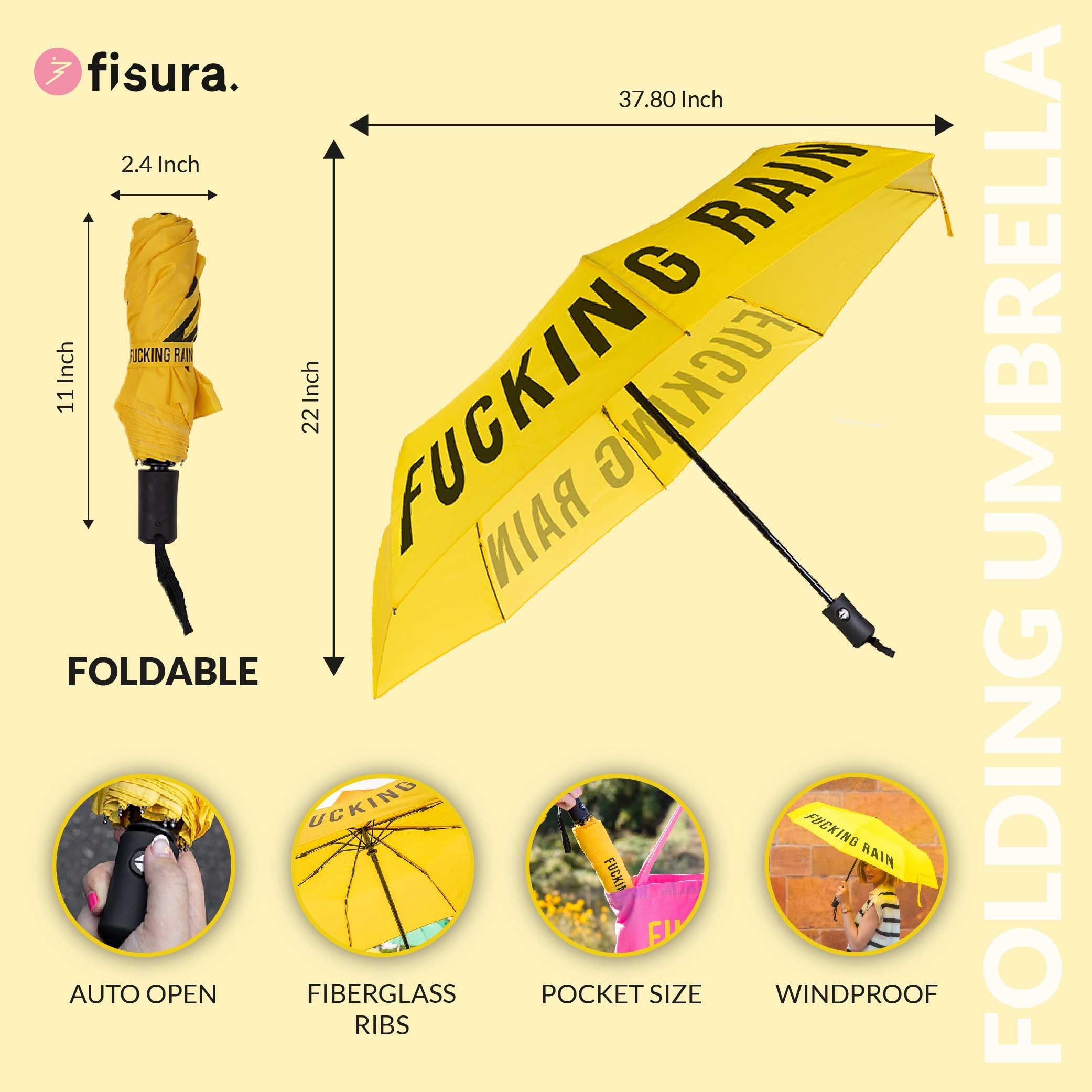 Fisura - Oryginalny składany parasol „f*cking rain”. Mini parasolka żółto-czarna. Mała parasolka damska. Automatyczny składany parasol. Parasol podróżny.