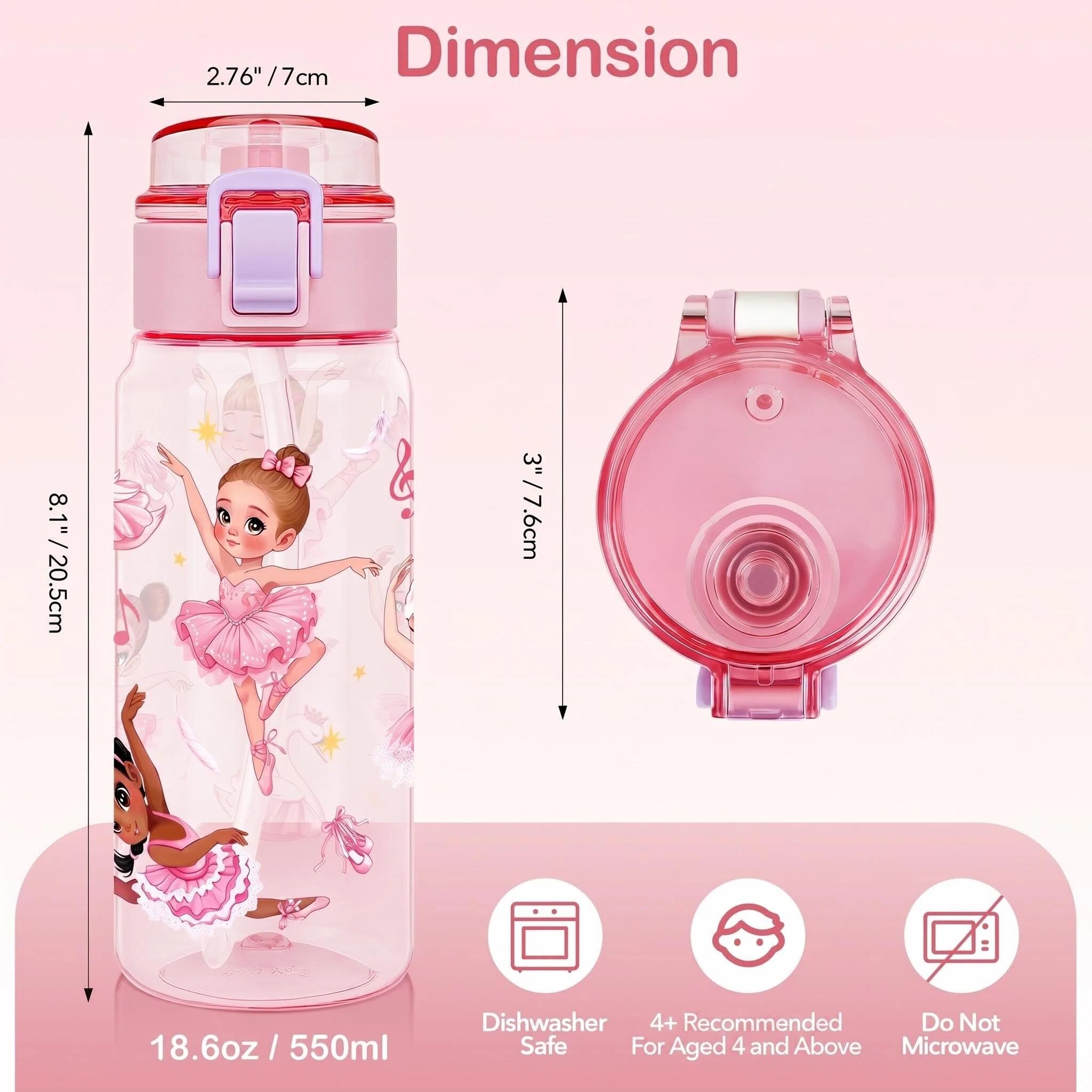 Botella de Agua para Niños 550ml, Cantimplora Infantil con Pajita para Niña Infantil, a Prueba de Fugas, Sin BPA para La Colegio y el Exterior - Ballet