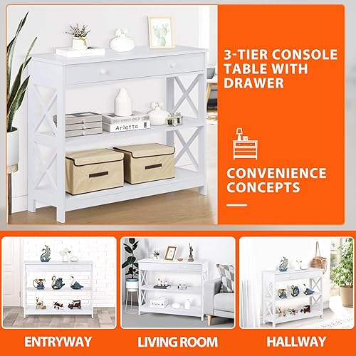 Miniatura 3 de Nouva Mesa consola de 3 niveles, mesa de entrada de 40 pulgadas con 1 cajón, mesa de pared estrecha y larga, mesas de sofá con almacenamiento para