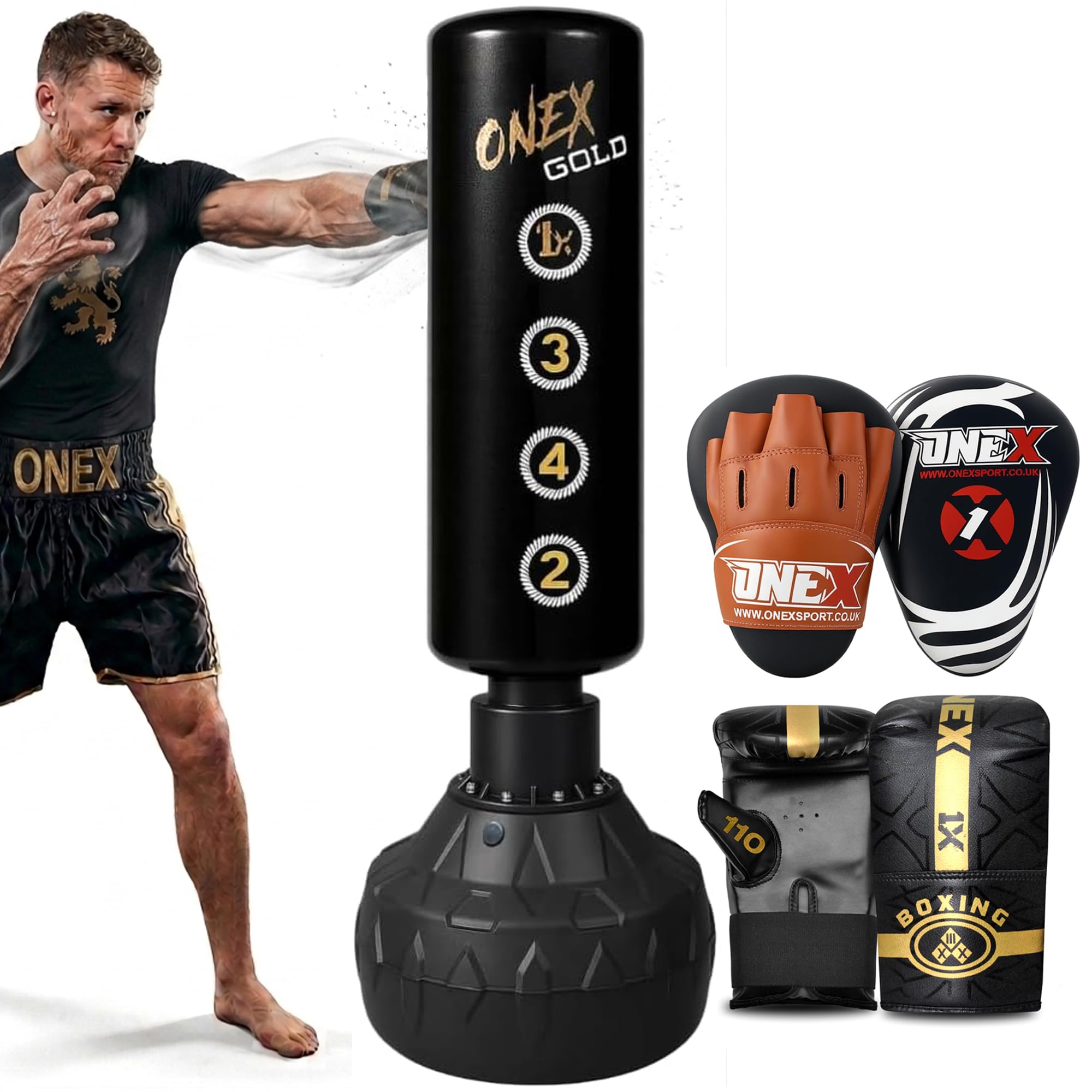 ONEX Punch Bag Set Free Standing Adult - 5ft Filled Heavy Duty Pedestal Stand Boxing Bag sets for Kickboxing MMA Martial Arts karate Gym & Home Fitness Workout
