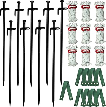 Irieiply Heavy Duty Steel Tree Stake Kit, 27 PCS 9 Green Tree Straps, 9 Black Steel Tree Stakes, 9 White 13FT Ropes for Tree Straightening & Protection