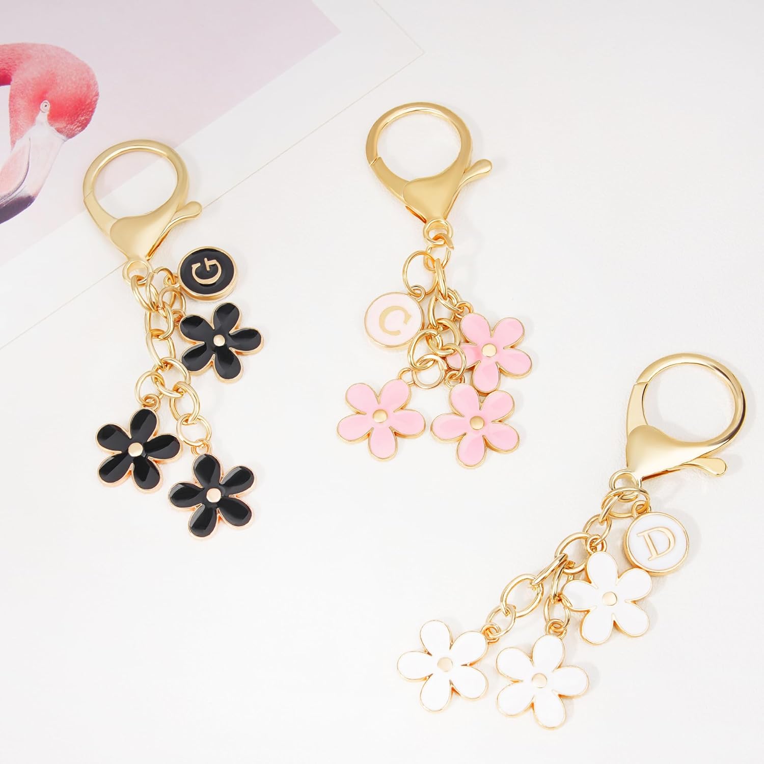 Cute Initial Keychain Pink White Flower Charms for Keys Letter Keyring for Women Purse Handbag - Image 5