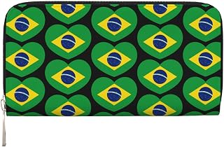 Love Brazil Flag Brazilian Heart Zipper Wallets, Rfid Blocking Credit Card Holder Large Capacity Leather Wallets Purse