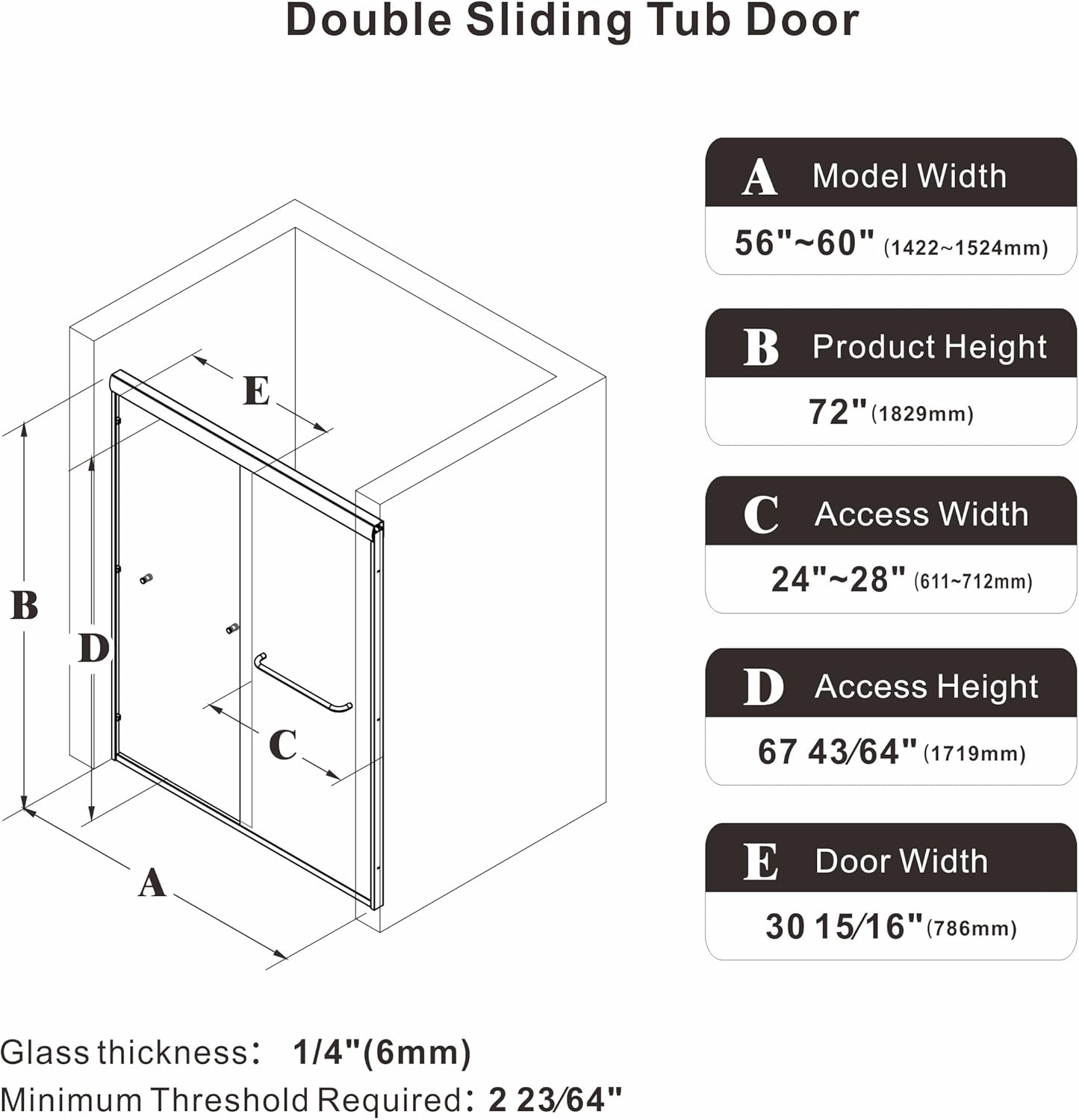 56-60" W x 72" HSemi-Frameless Double Sliding Glass Shower Door, 1/4" (6mm) Clear Tempered Glass, Bypass Sliding Shower Door for Bathroom, Easy to Clean (Brushed Gold, 60" W x 72" H)