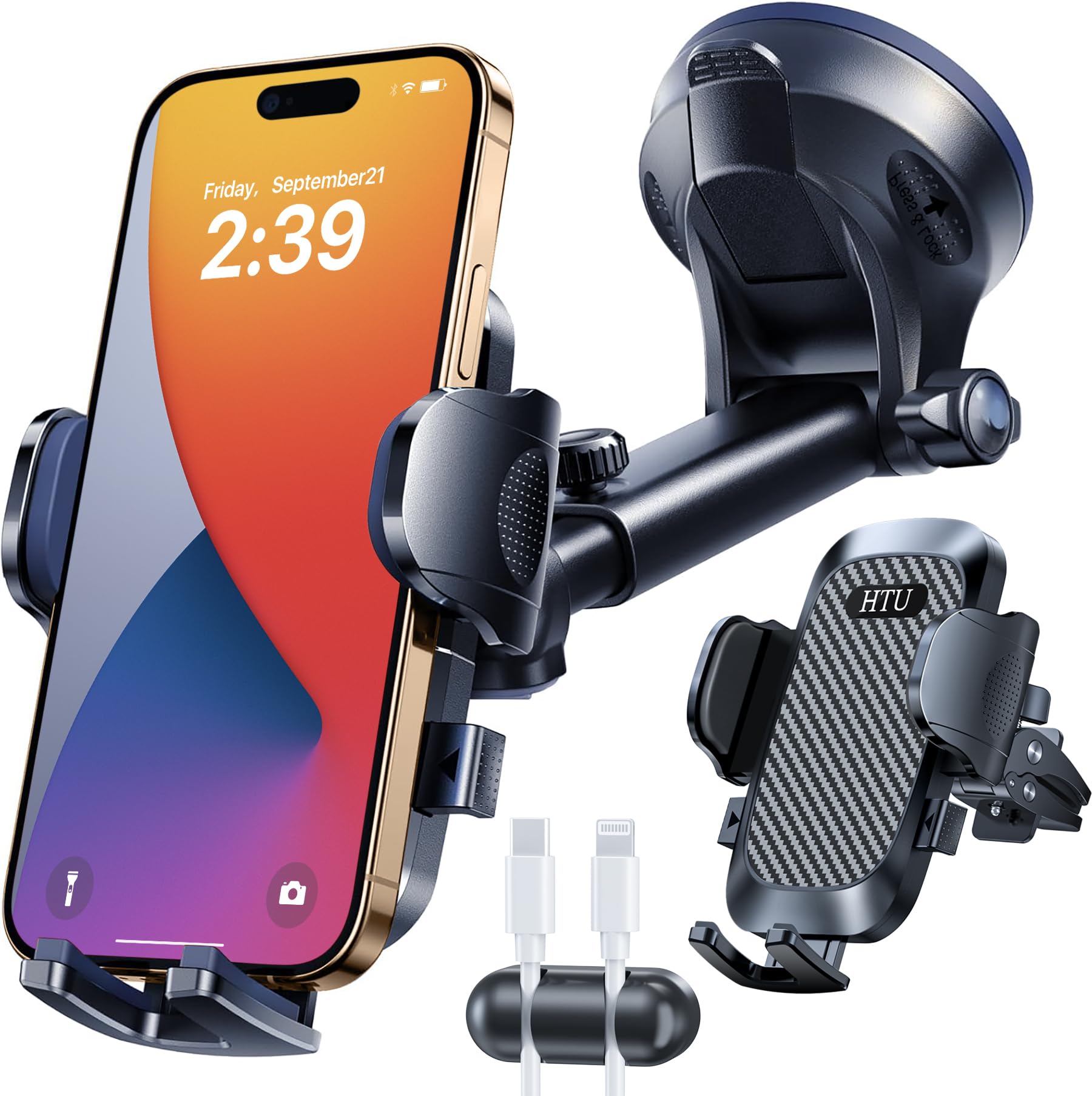 HTU 2025 Best Car Phone Holder【Ultimate 5-in-1 & Upgraded 100+LBS Strongest Suction】【True Military-Grade & Safety Cert】 Windshield Phone Mount, Dashboard Vent Stand for iPhone Android & Truck, Black