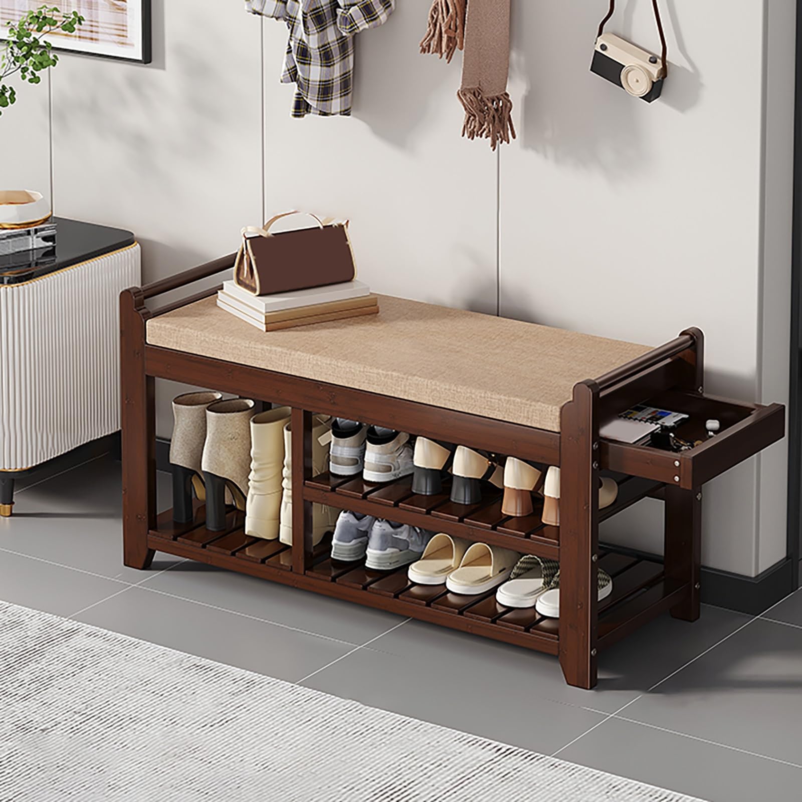 GDMDPTE Wooden Shoe Bench with Cushioned Seat 2-Tier Shoe Storage nizer for Entryway and Living Room Stylish and Functional Hallway Fur
