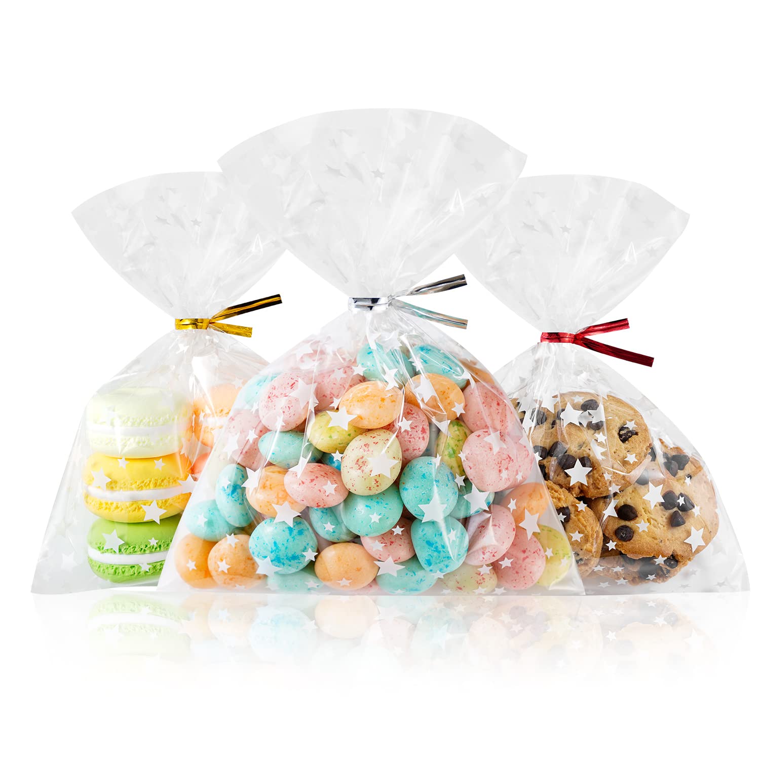 ZIMCEMS Zellophan-Geschenktüten Mit Goldfarbenen Sternen – 100 Stück (12,7x17,8 Cm) Mit Bindebändern Für Partygeschenke