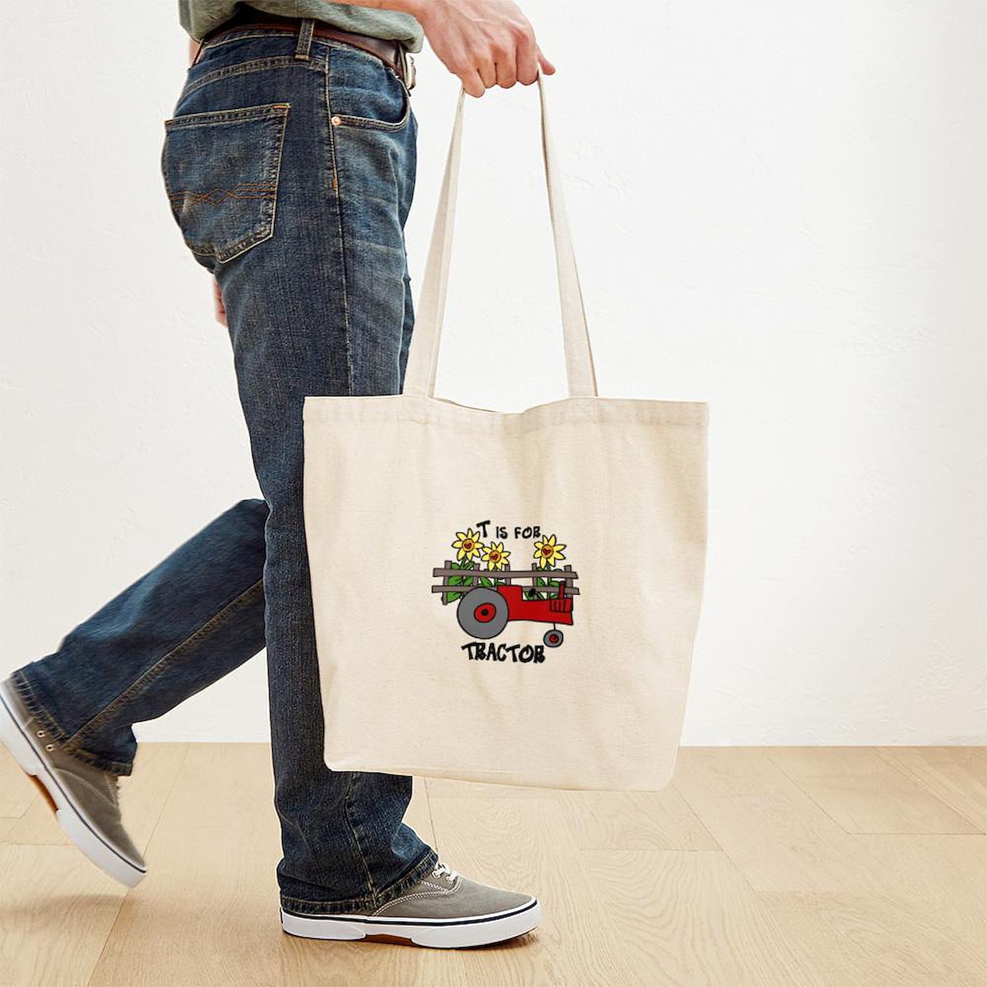 Little Brother Tractor Canvas Tote Bag - Reusable Natural Shopping Bag