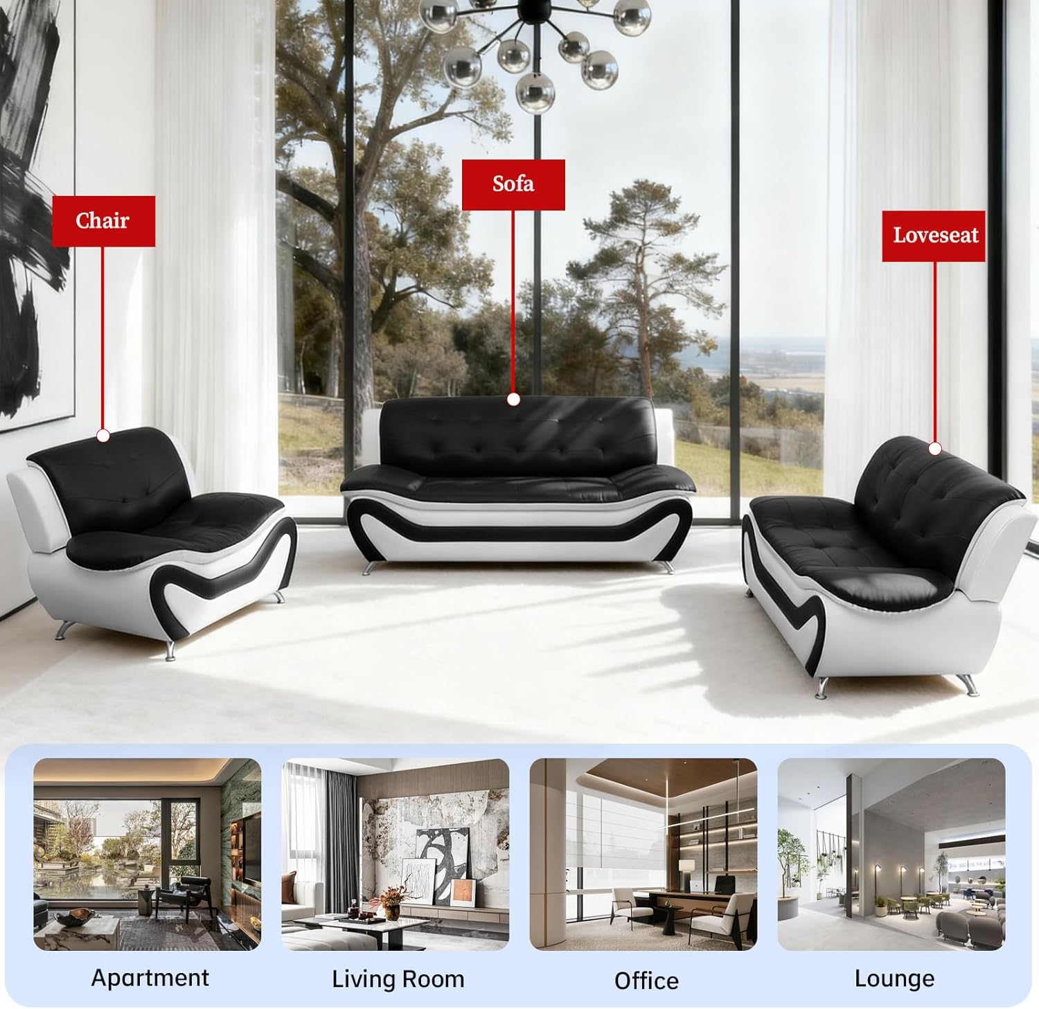 3PCS Sofa Set for Living Room, Modern Leather Couch with Chair, Loveseat & Sofa, 3 Pieces Living Room Furniture (Set, Black&White Leather)