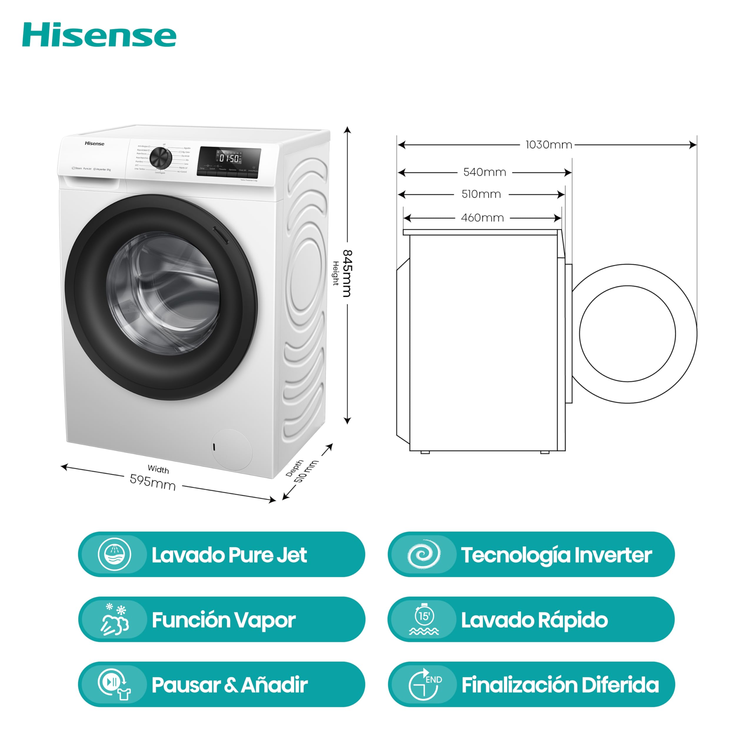 Hisense WFQE8014EVJM Lavadora 8 Kg, 1400 rpm, 15 Programas Automáticos, Vapor, Motor Inverter, Clase Eficiencia Lavado A, Pantalla LED, Programa Rápido, PureJet, Blanco
