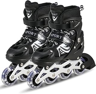 AHVI Inline Skates, Adjustable Inline Roller Skates for Boys Kids & Girls, 7 to 14 Years Unisex Outdoor Skating Shoes Roller Blades with Led Flash Lights Featuring Wheels for Skating (Black)