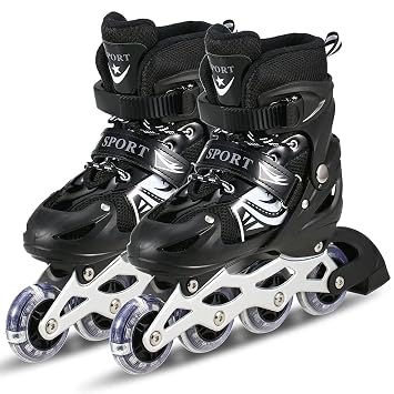TEKCOOL 4 Wheels Adjustable Inline Skates Skating Shoes for Boys Kids Girls Skating Shoe Adjustable Roller Blades Age 6 to 15 Years PU Strong Wheels Aluminium with LED Flash Light on Wheels (Black)'