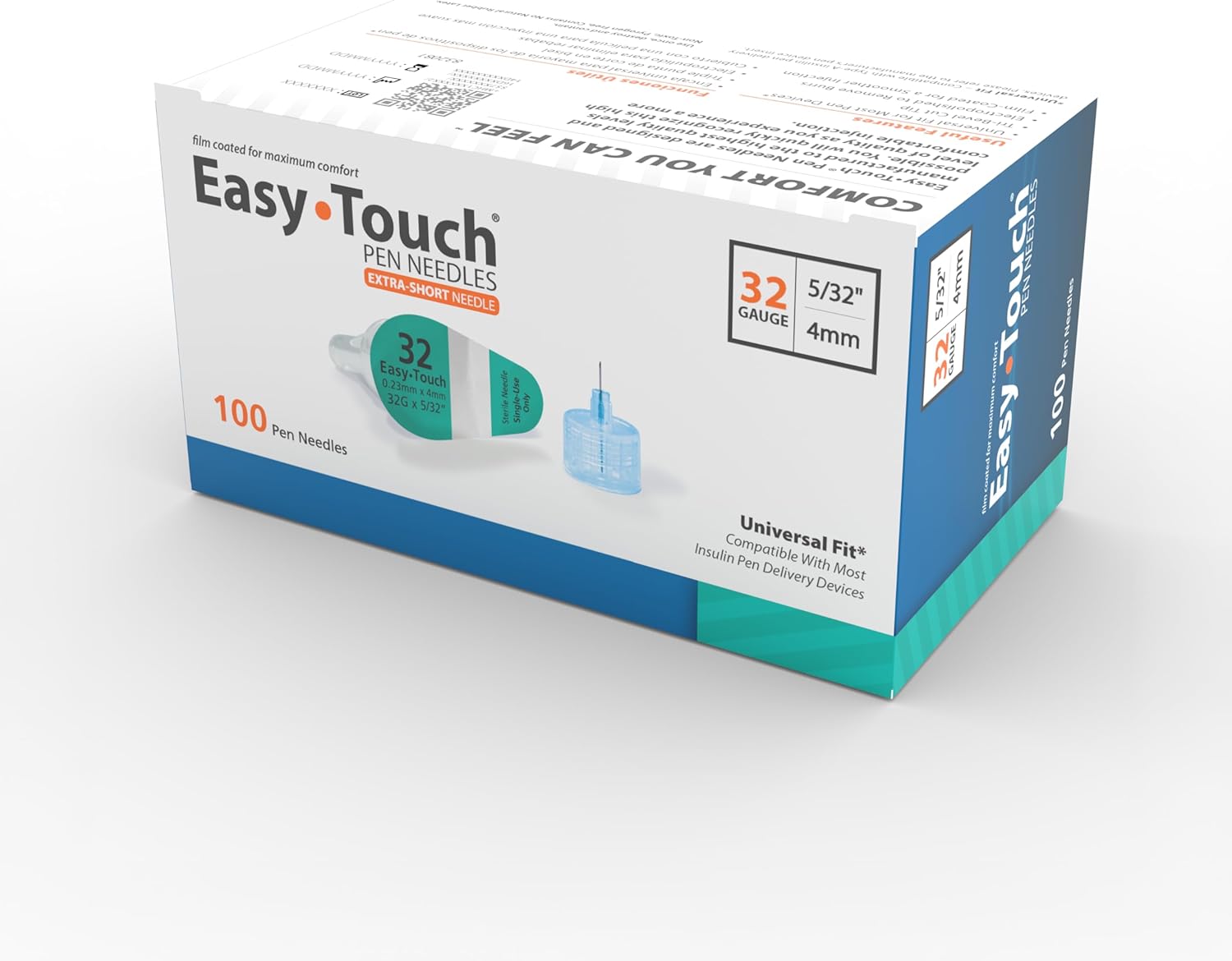 Easy Touch Insulin Pen Needles- 32G, 1/4-Inch (6mm), Box of 100 | Universal Fit Pen Needles for Compatible Injection Pens, Thin-Wall Design, Smooth & Comfortable Injections