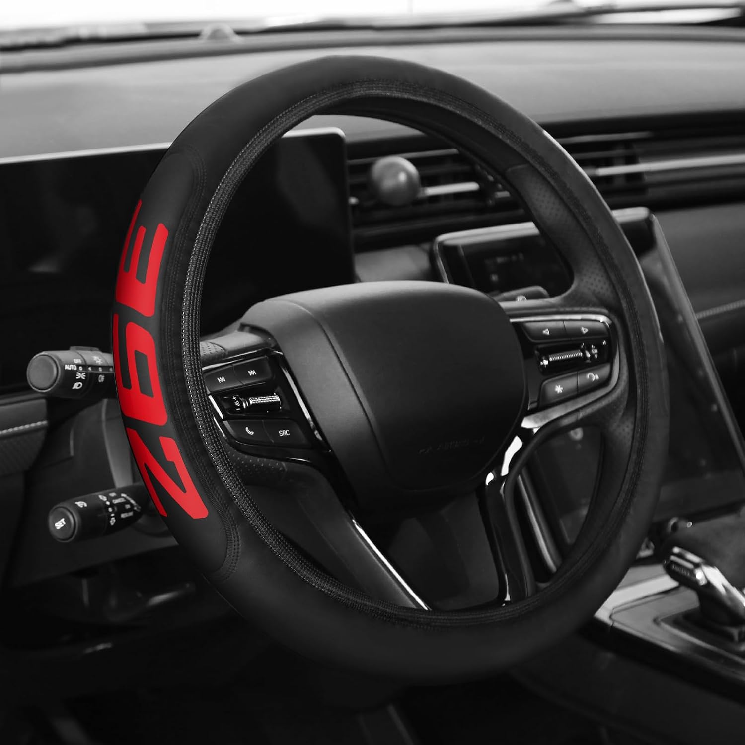 Premium Leather Steering Wheel Cover Compatible with Dodge Challenger Durango SRT 392, Universal Fit 14-15 Inch, Breathable, Comfortable Grip, Lightweight, Easy Install Accessory