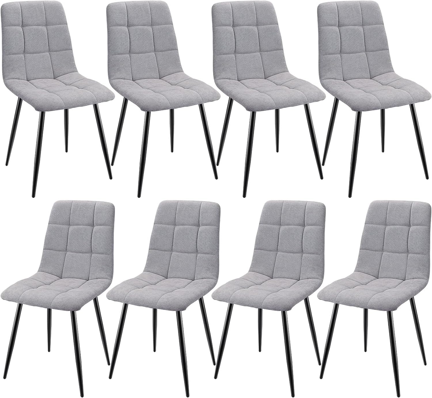JIJIAN Set di 8 Sedie da Pranzo, Sedie Imbottite con Tessuto di Lino e Gambe in Metallo Nero, Design a Scacchi, per Sala da Pranzo, Soggiorno, Camera da Letto, Cucina, Soggiorno, Reception, Grigio