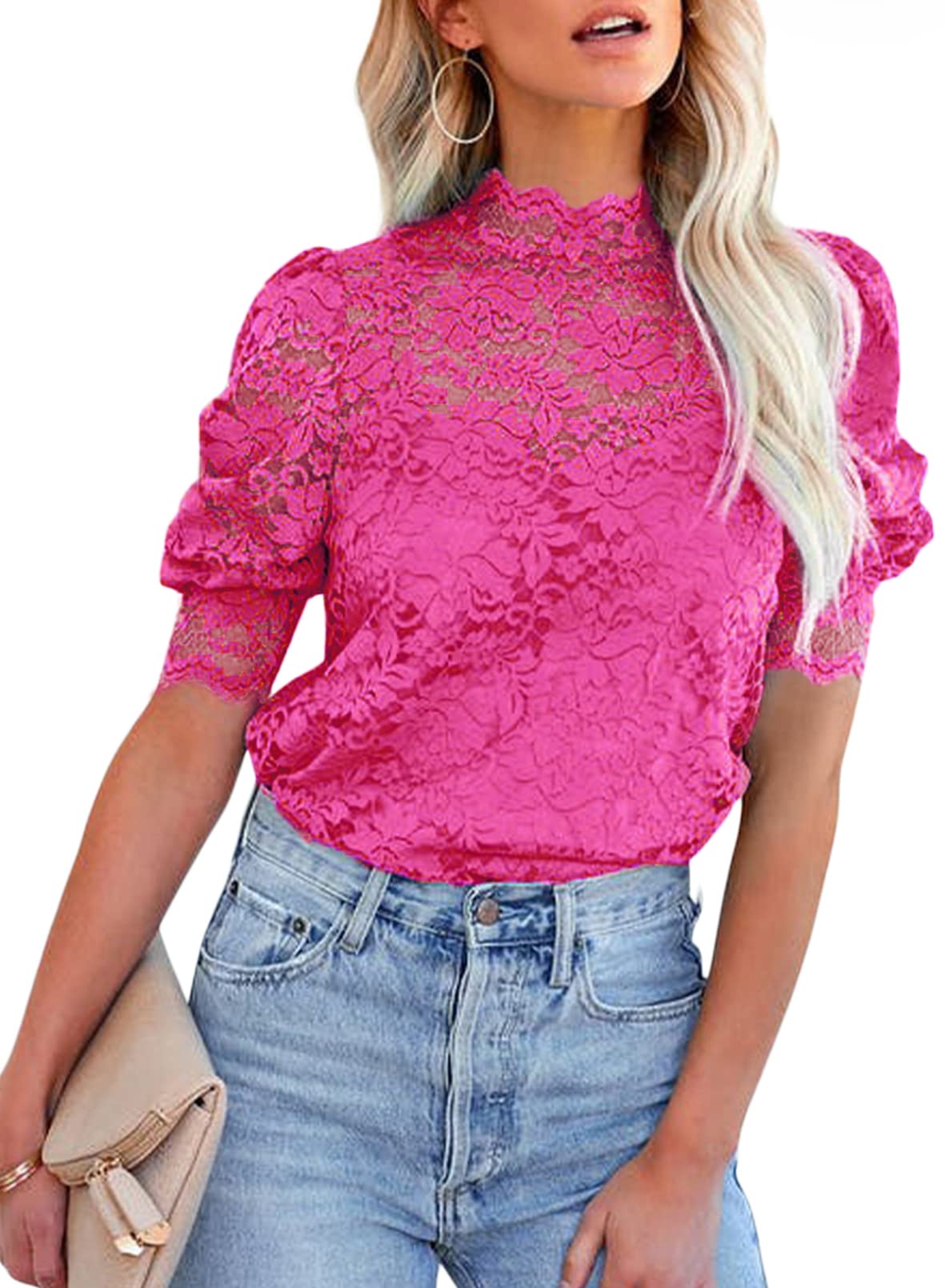 Womens Summer Lace Tops Puff Short Sleeve Mock Neck Casual Blouses Shirts with Separable Cami