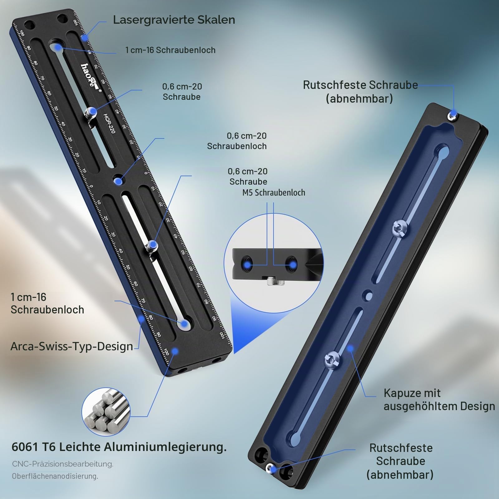 Haoge HQR-220 220 mm Mehrzweck-Schnellwechselplatte, Verlängerung, Gleitschiene für Kamerastativ, Kugelkopf-Kugelkopf-Klemme, passend für Arca Swiss