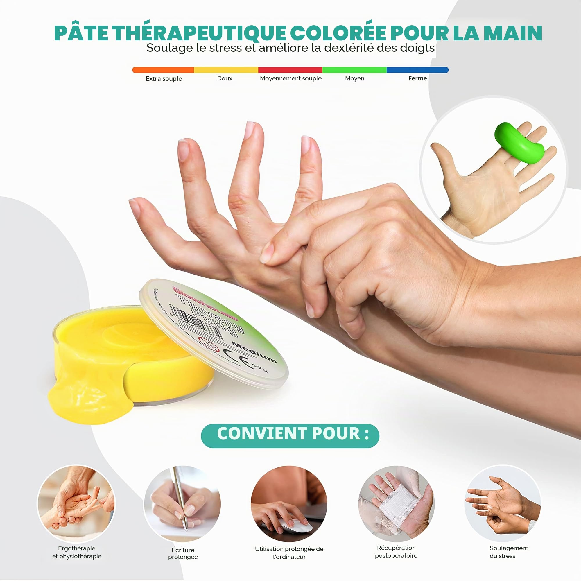 Lot de 5 pâtes thérapeutiques pour exercices de la main, non toxique, pour adultes et enfants 57 g