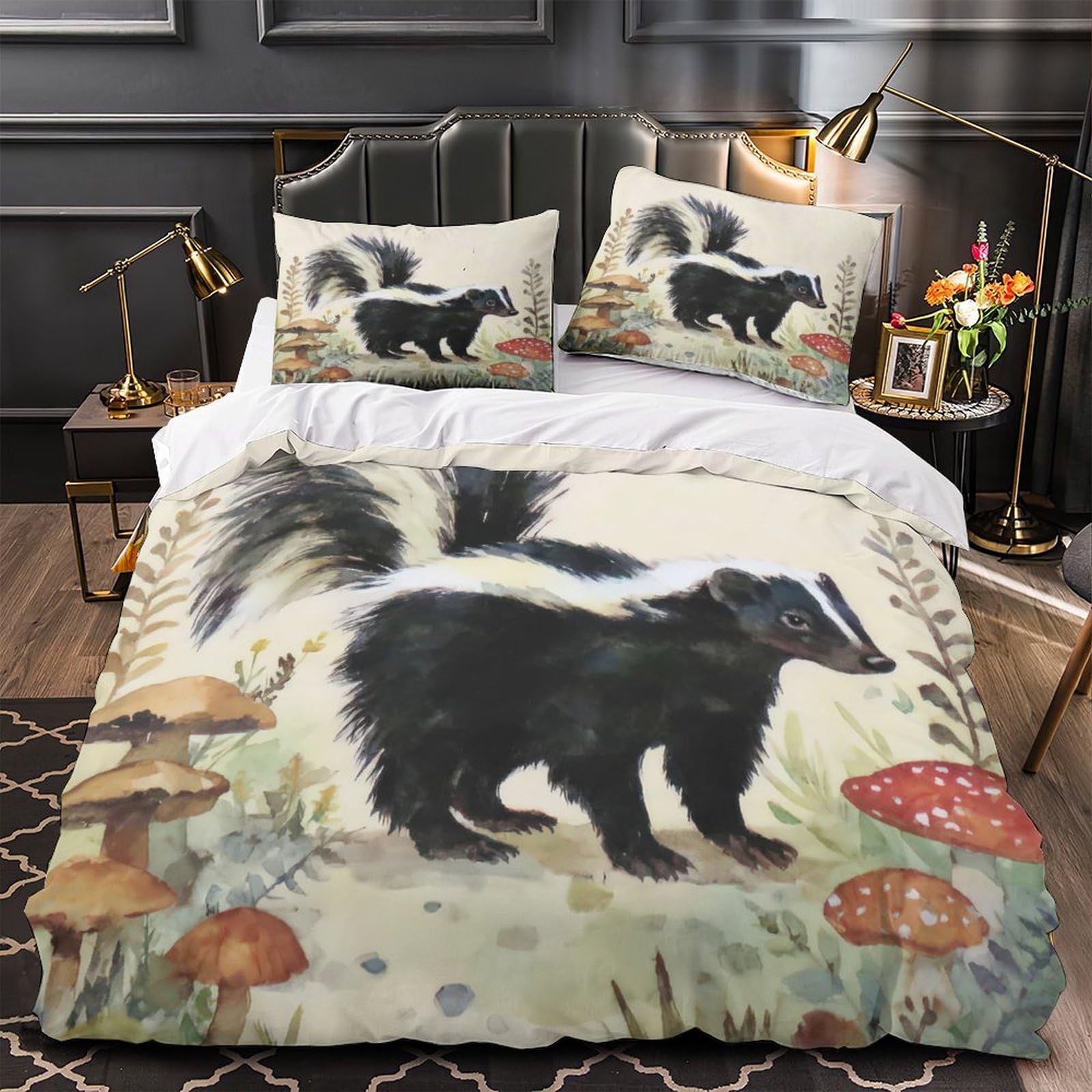 Skunk Walking Quilt Cover 3D Print Anti-allergic 3 Pieces Bed Set Hidden Zipper nature Watercolor Comforter Cover Ultra Soft Breathable for Adults Kids Teens Women Youth Teenagers Single（140x200cm）