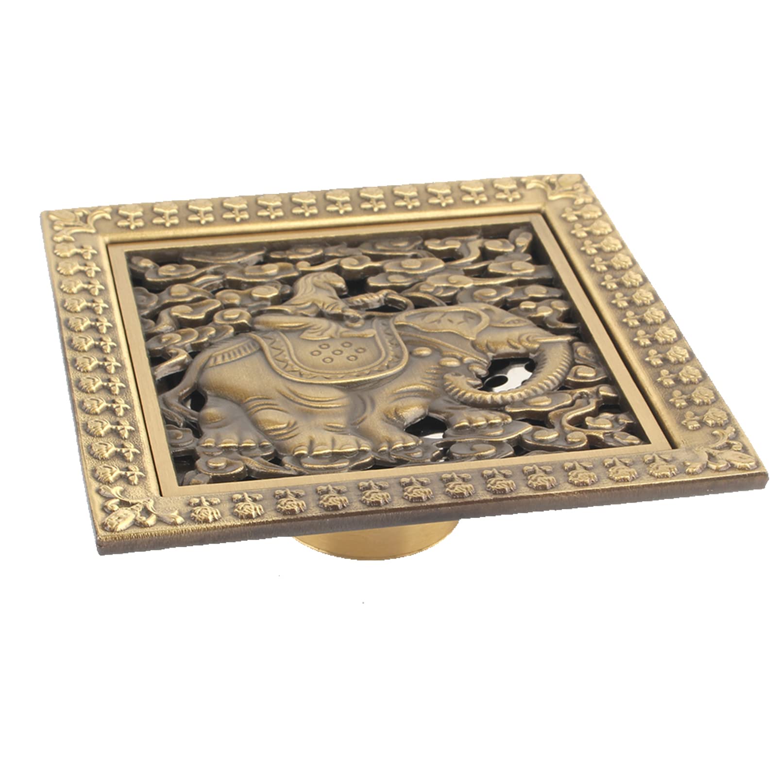 Bonde de douche carrée 12 cm en laiton antique avec filtre et couvercle floral