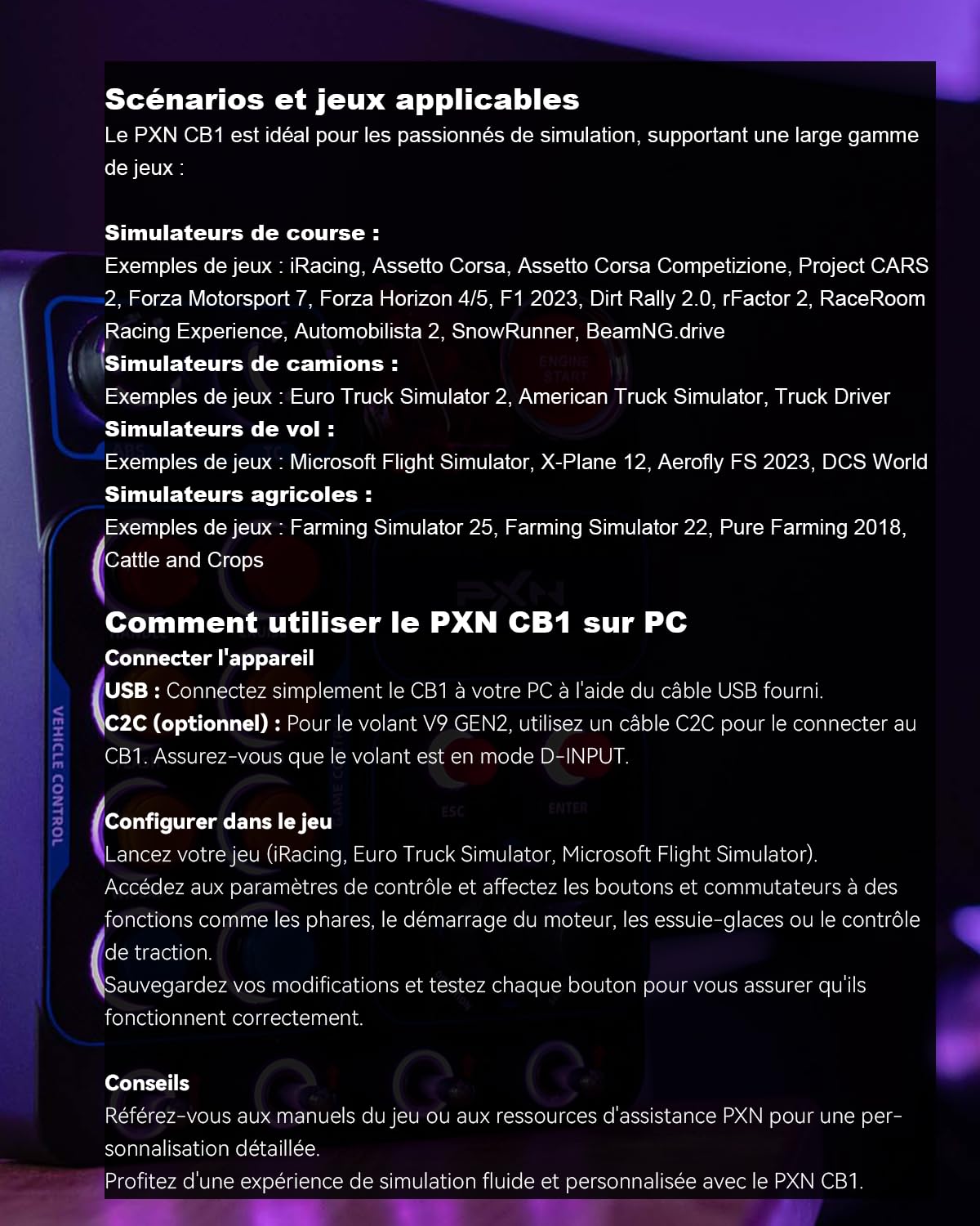 PXN CB1 Boîtier de Boutons - Panneau Latéral de Volant, Controller Auxiliaire ETS2 - Pour PC | +19 Boutons Assignables, RGB, USB | Button Box pour Simulateur de Camion, Course, Vol et Agricoles | Pour jeux simu racing, camion, vol, ferme