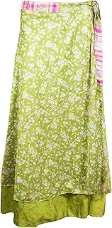 Mogul Interior Women's Wrap Skirt Dress Printed Green Upcycle Sari Hippie Gypsy Boho Dresses One Size