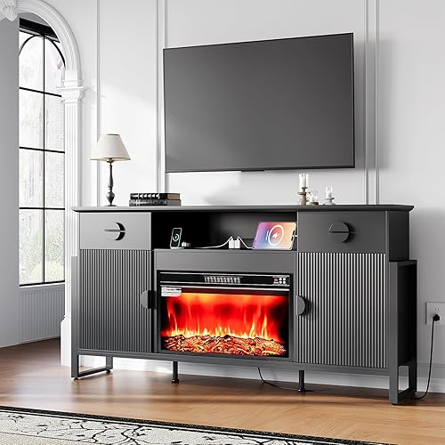 Miniatura 2 de LGHM - Soporte de TV con chimenea de 70 pulgadas para televisores de hasta 80 pulgadas, soporte de TV estriado con chimenea de 30 pulgadas y tomas