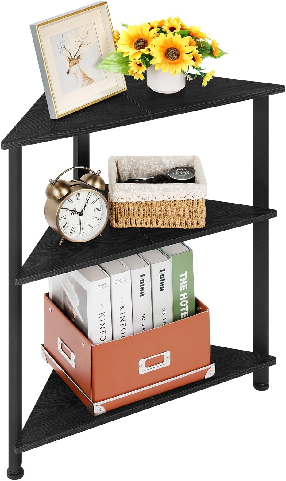 3 Tier Corner Shelf, Triangle End/Side Table, Corner Nightstand, Corner Bookshelf with Metal Frame Corner Shelf Stand for Small Space Living Room(Black)