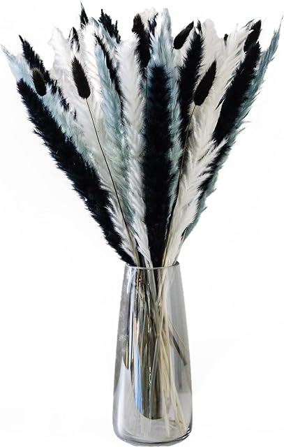 Smiley Trend Pampas Grass Bouquet 40 Pieces, 17.5in/45cm Natural Dried Fluffy Pampas Grass Bouquet,10 Black, 10 Grey, 10 White Pampas Grass, 10 Black Bunny Tails, For Home Décor Artificial Flowers