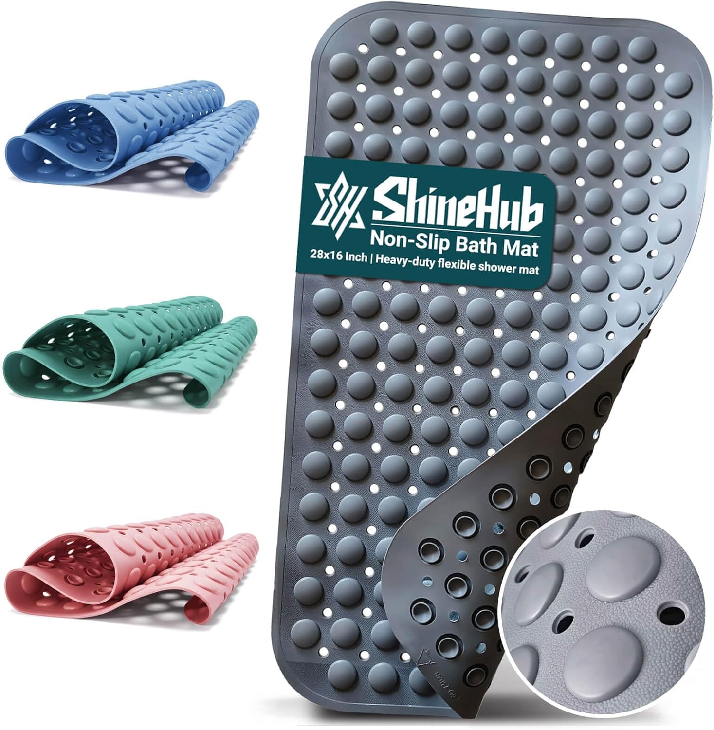 7mm Extra Thick Non-Slip Bathtub Mat, 166 Heavy Duty Suction Cups TPE Bath Mat, 28x16 Inches Machine Washable Shower Mat with Drain Holes for Seniors and Kids, Mist Pine Gray