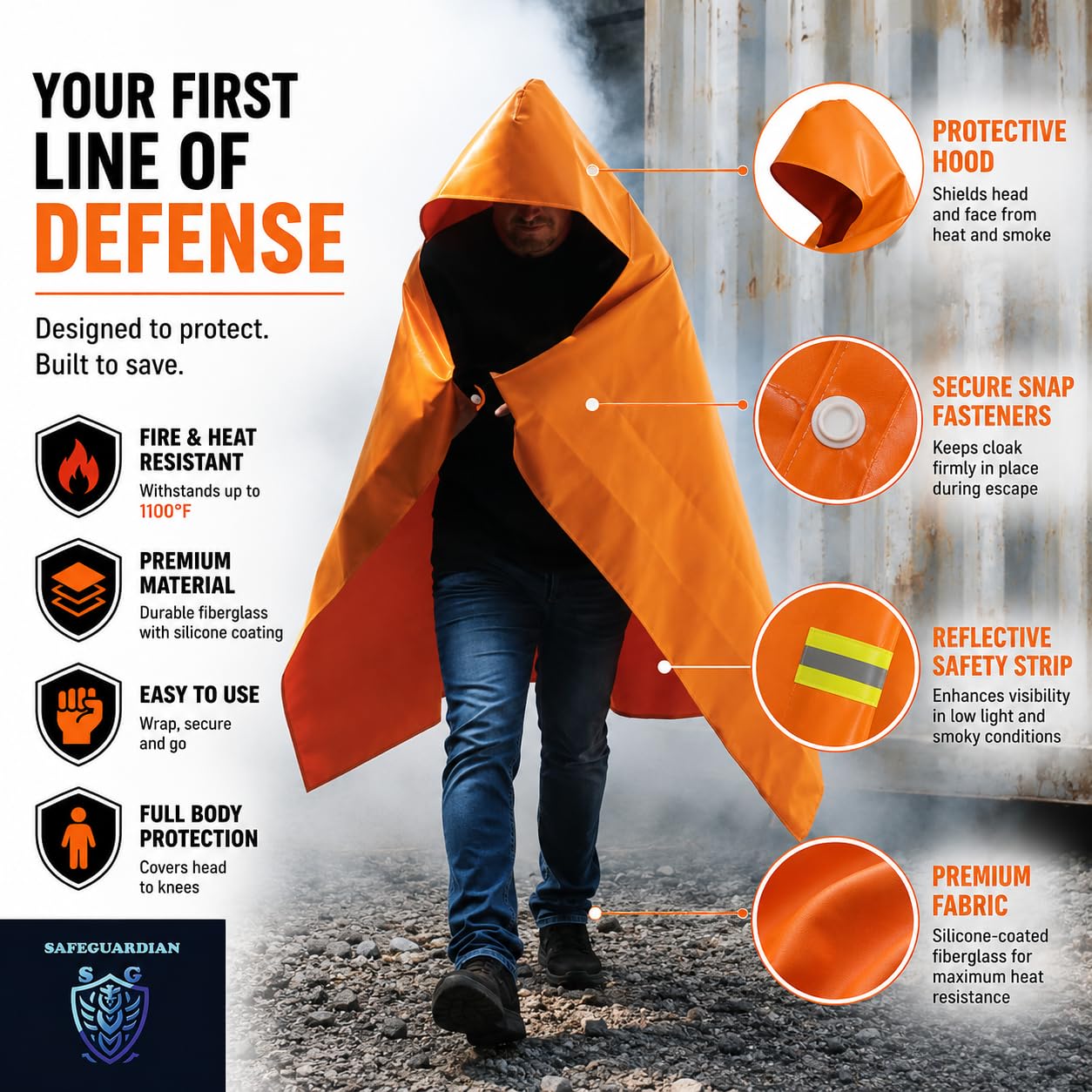 Manta ignífuga | Manta ignífuga con capucha | Mantas de emergencia contra incendios para cuerpo completo | Capa con capucha de emergencia con tiras reflectantes | Resistente al calor