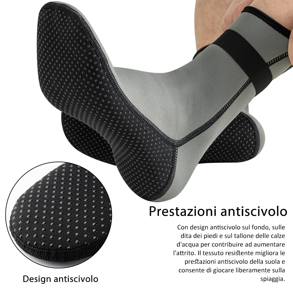 Calzini in Neoprene 3mm,Calzini Immersione Caldi Antiscivolo,Neoprene Socks Resilient con Velcro,Calze termiche Snorkeling,Calzini beach volley nuoto subacquee surf vela kayak