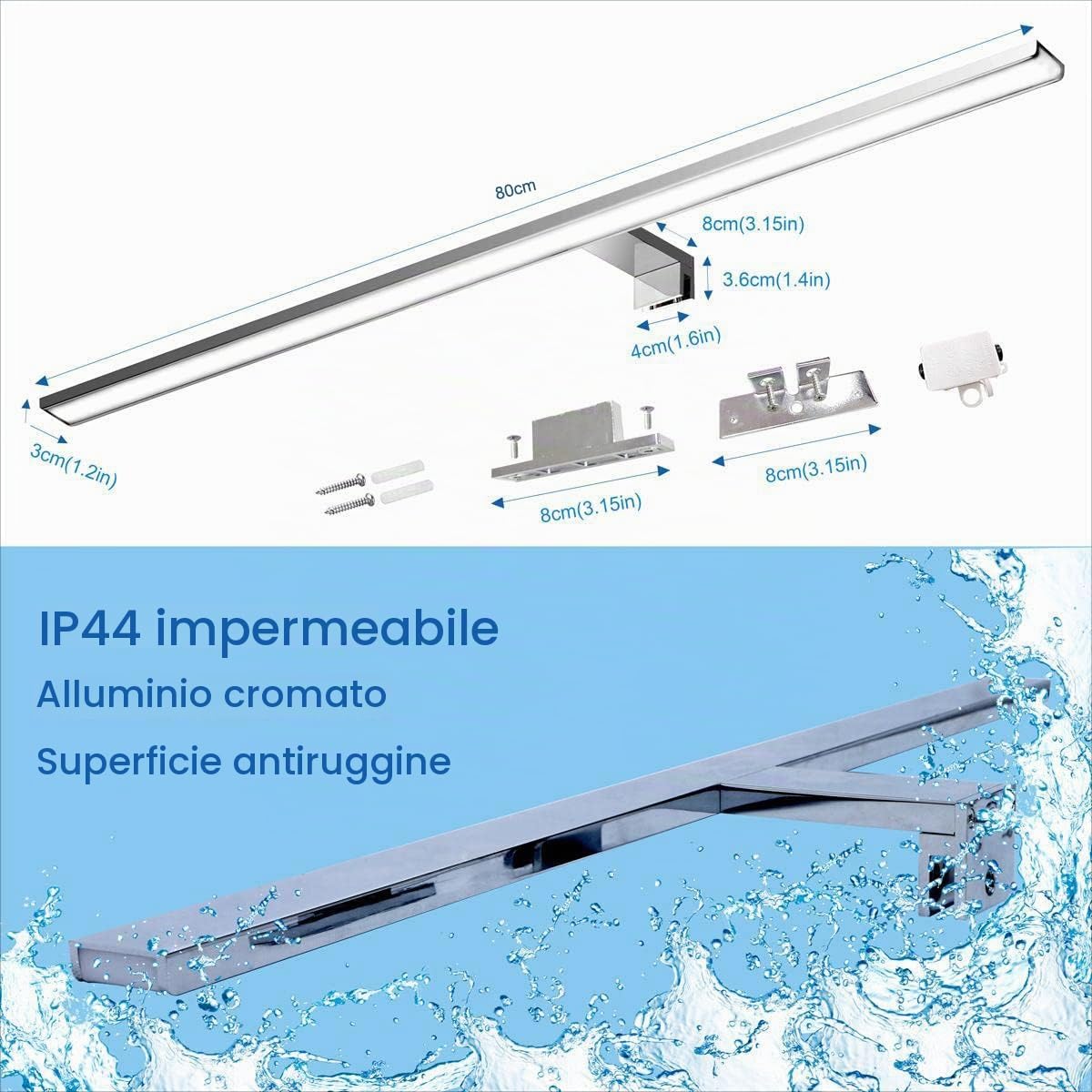 Lampada da specchio da bagnoa LED da 80 cm in alluminio completo 3in1,15W 1100lm 4000K IP44 impermeabile 230V