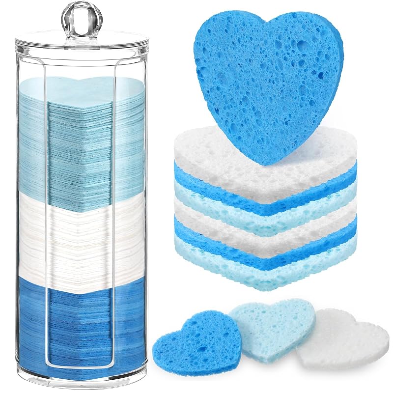 Sieral Esponjas Faciais Comprimidas em Formato de Coração, Azul, Azul-claro e Branco, Pacote com 120 e Estojo