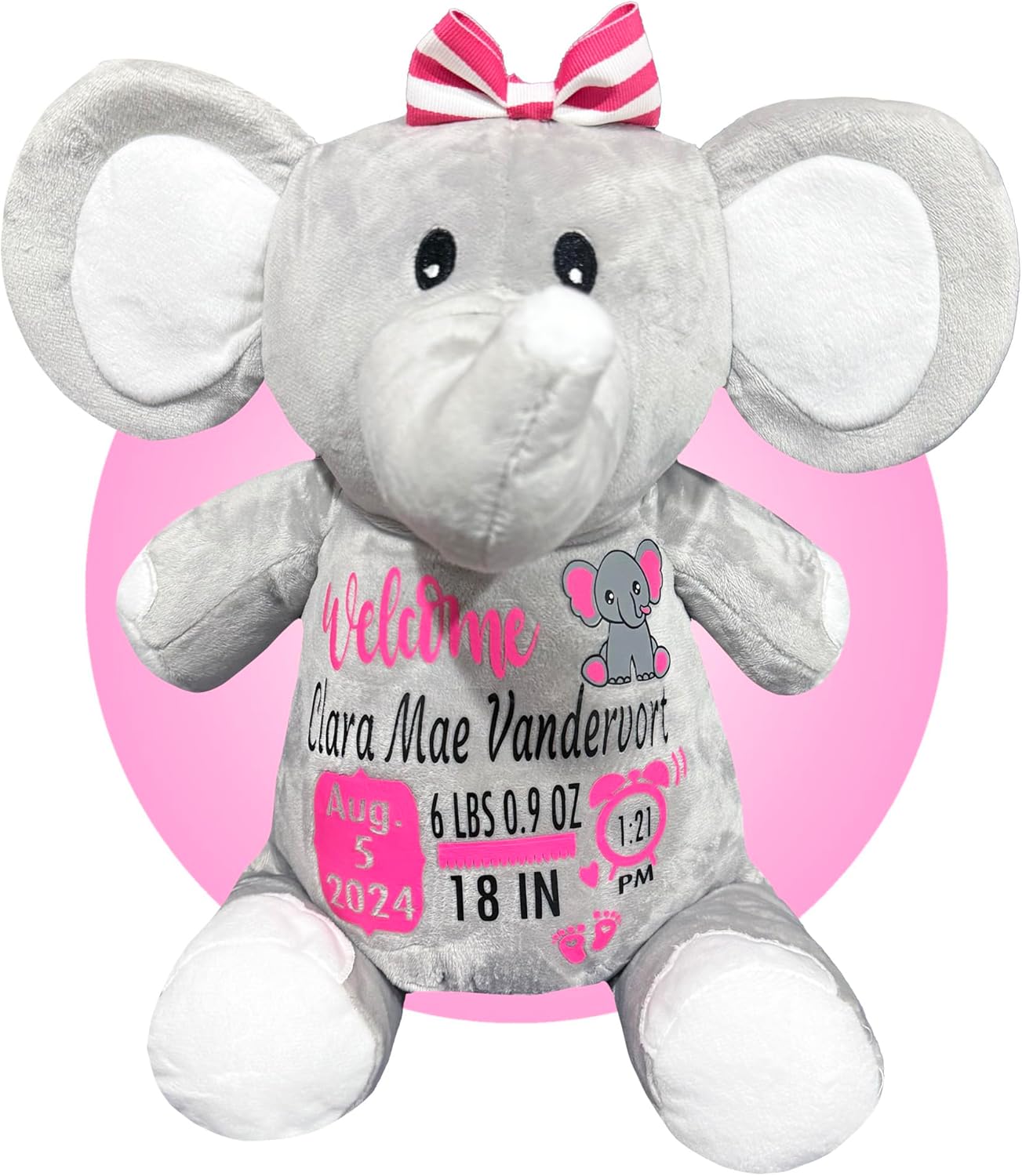 Baby Birth Stats Plush - Birth Announcement Stuffed Animals - Personalized Baby Keepsake Birth Information Plush - Great 1st Stuffed Animal - Removable Cover