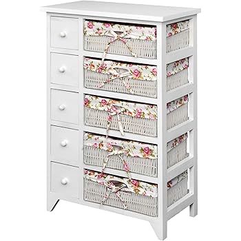 Ts Ideen Landhaus Kommode Badschrank Flurschrank Regal In Weiss Mit Funf Schubladen Und Funf Korben Mit Blumenmuster Stoffbezugen Amazon De Kuche Haushalt