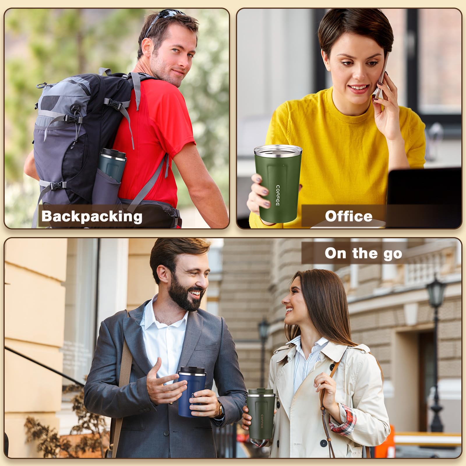 Qinyoung Wiederverwendbarer Kaffeebecher aus Edelstahl, vakuumisoliert, Reise-Kaffeebecher mit Deckel, auslaufsicher, doppelwandig, Thermobecher für heißen und Eiskaffee, Wasser, Tee, Schwarz, Grün,