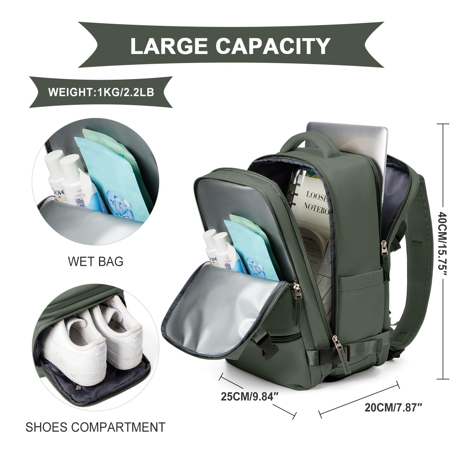 SZLX Zaino Ryanair 40x20x25 Donna Zaino da Viaggio Bagaglio a Mano 20L Uomo Borse da cabina 45x36x20 Easyjet Travel Backpack Adatto a laptop da 14 Pollici con scomparto per scarpe per Lavoro e Scuola