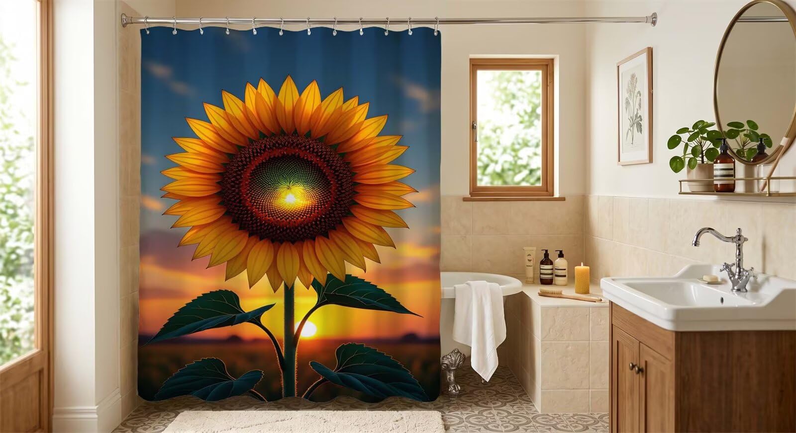 Yoonqun Shower Curtain 200 x 200 cm Waterproof Mold Resistant Modern Bathroom Curtains with 12 Hooks,Machine Washable Bath curtain for Bathtub & shower Stall (Sunset Sunflowers)