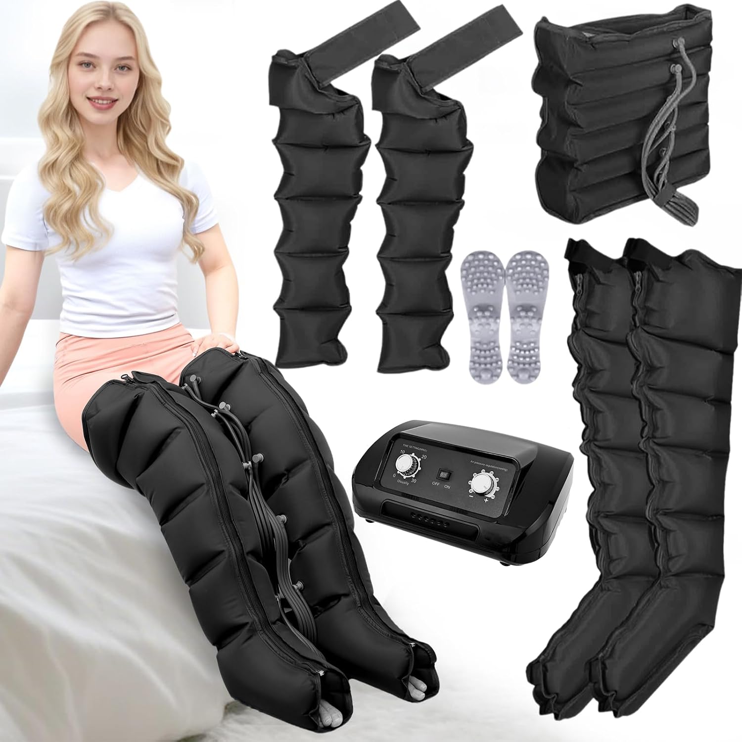 Lymphatic Drainage Device Legs 6-Chamber Presoterapy Recovery Boots at Home Leg Massager Professional Massager Presotherapy Black 2 Legs + 2 Arms + Abdomen L