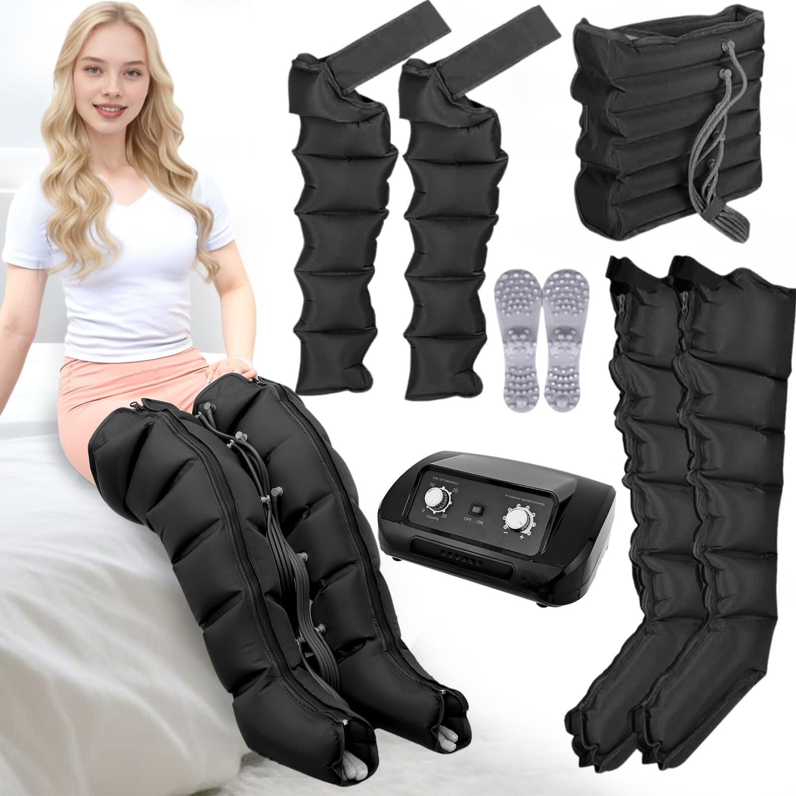 Presoterapia Profesional Piernas y Abdomen | 6 Camaras Maquina Masajeador Botas Presoterapia para Casa Piernas y Abdomen | 0-240 Mmhg Ajustables (Negro 2brazos + 2piernas + 1abdomen)