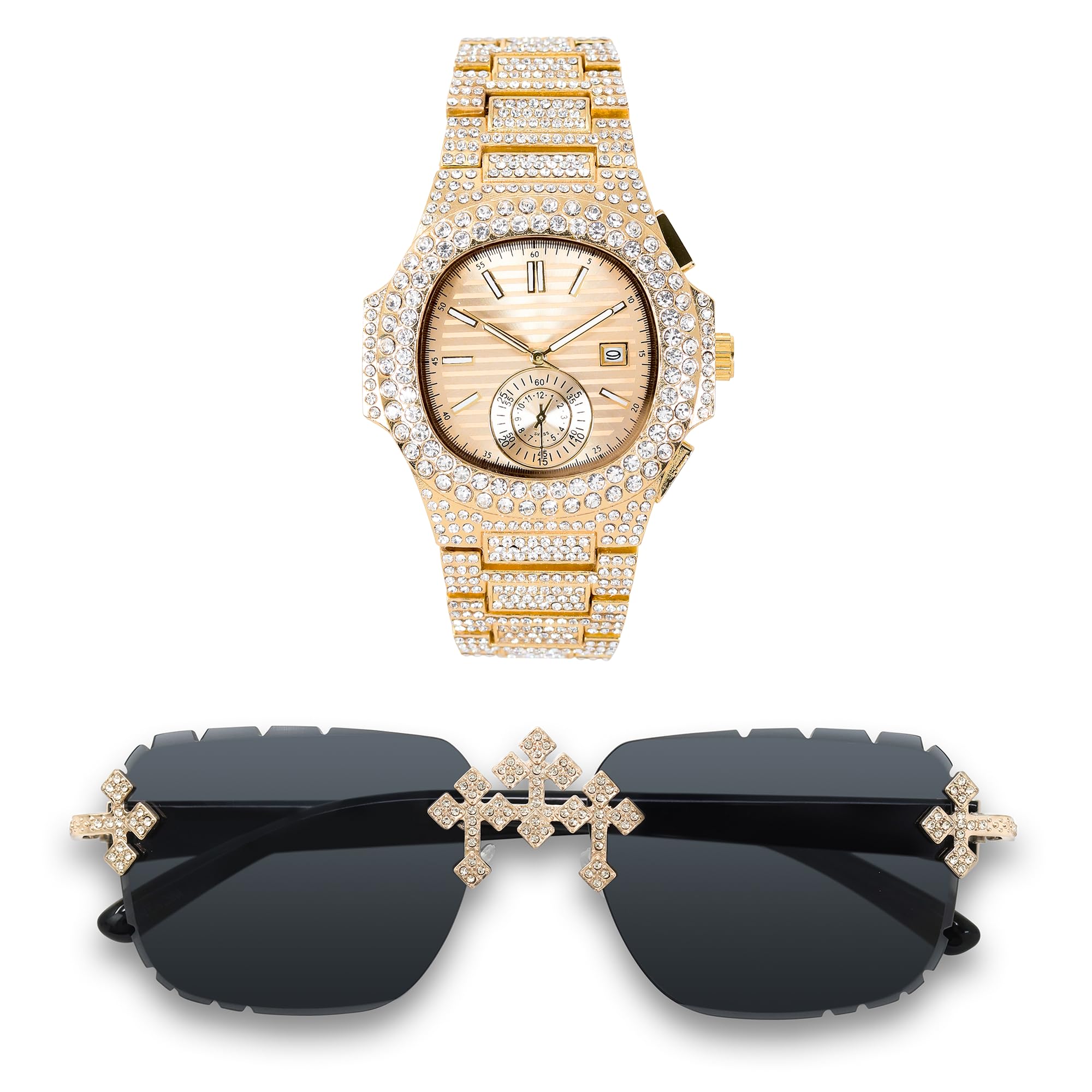 Men’s Iced-Out Triple Cross Set – Frameless Sunglasses & 43mm Fully Iced Watch, Bold Hip-Hop Fashion, Ideal Gift for Him - Gold