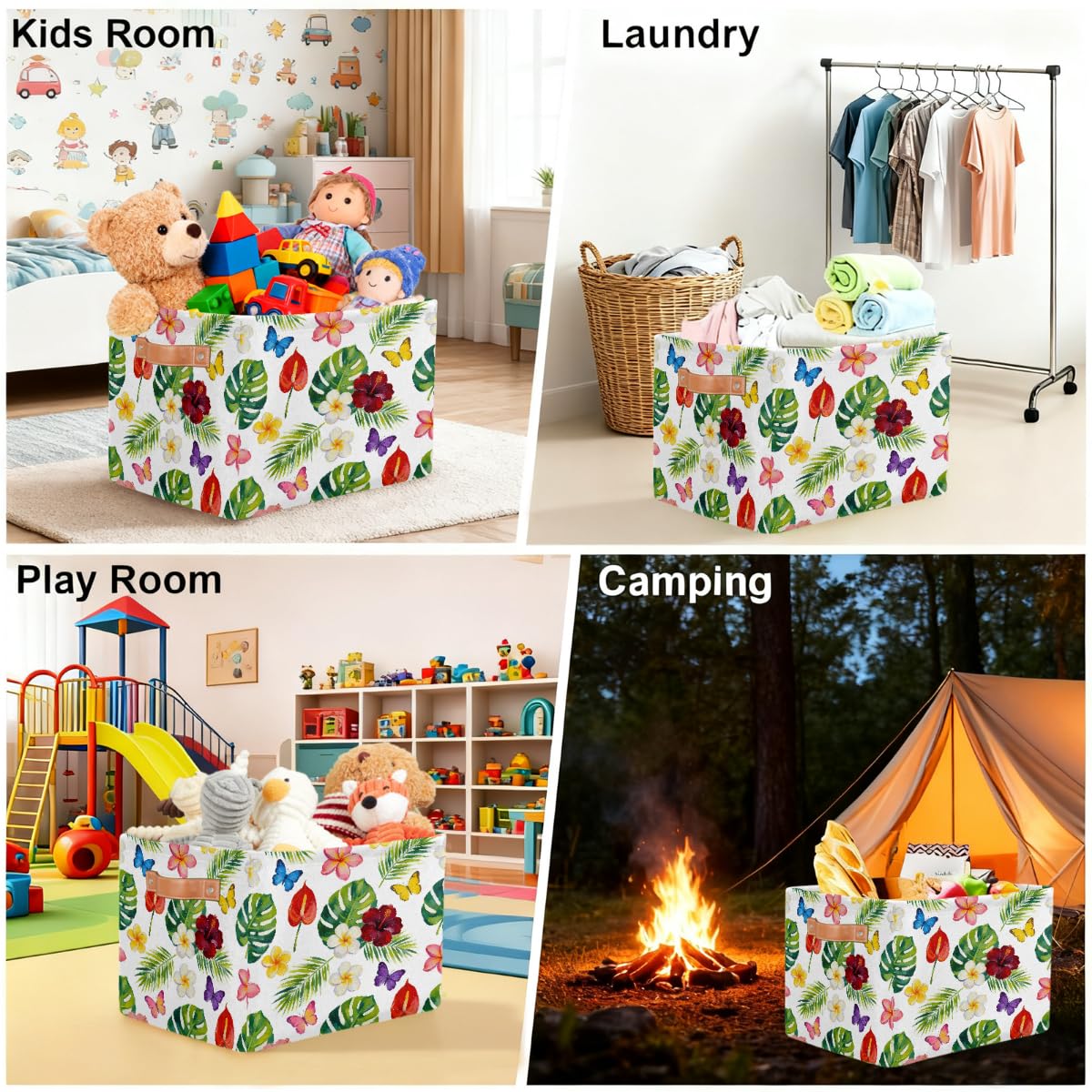 Rechteckiger Aufbewahrungskorb mit tropischen Blumen und Blättern und Schmetterlingen und Ledergriffen, faltbarer Stoff-Aufbewahrungskorb für Schrank, Badezimmer, Wohnzimmer, Büro, Spielzeug